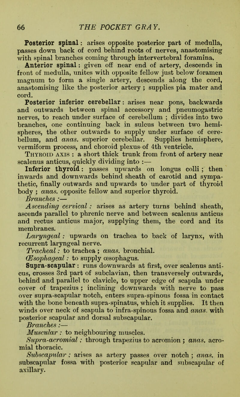 Posterior spinal: arises opposite posterior part of medulla, passes down back of cord behind roots of nerves, anastomising with spinal branches coming through intervertebral foramina. Anterior spinal; given off near end of artery, descends in front of medulla, unites with opposite fellow just below foramen magnum to form a single artery, descends along the cord, anastomising like the posterior artery ; supplies pia mater and cord. Posterior inferior cerebellar: arises near pons, backwards and outwards between spinal accessory and pneumogastric nerves, to reach under surface of cerebellum ; divides into two branches, one continuing back in sulcus between two hemi- spheres, the other outwards to supply under surface of cere- bellum, and anas, superior cerebellar. Supplies hemisphere, vermiform process, and choroid plexus of 4th ventricle. Thyroid axis : a short thick trunk from front of artery near scalenus anticus, quickly dividing into :— Inferior thyroid: passes upwards on longus colli ; then inwards and downwards behind sheath of carotid and sympa- thetic, finally outwards and upwards to under part of thyroid body ; anas, opposite fellow and superior thyroid. Branches :— Ascending cervical: arises as artery turns behind sheath, ascends parallel to phrenic nerve and between scalenus anticus and rectus anticus major, supplying them, the cord and its membranes. Laryngeal: upwards on trachea to back of larynx, with recurrent laryngeal nerve. Tracheal: to trachea ; anas, bronchial. (Esophageal: to supply oesophagus. Supra-scapular : runs downwards at first, over scalenus anti- cus, crosses 3rd part of subclavian, then transversely outwards, behind and parallel to clavicle, to upper edge of scapula under cover of trapezius ; inclining downwards with nerve to pass over supra-scapular notch, enters supra-spinous fossa in contact with the bone beneath supra-spinatus, which it supplies. It then winds over neck of scapula to infra-spinous fossa and anas, with posterior scapular and dorsal subscapular. Branches:— Muscular : to neighbouring muscles. Supra-acromial: through trapezius to acromion ; anas, acro- mial thoracic. Subscapular : arises as artery passes over notch ; a7ias. in subscapular fossa with posterior scapular and subscapular of axillary.
