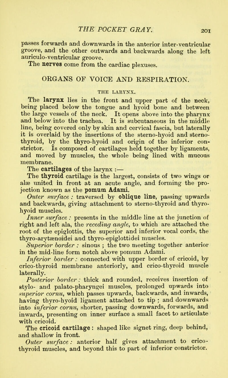 passes forwards and downwards in the anterior inter-ventricular groove, and the other outwards and backwards along the left auriculo-ventricular groove. The nerves come from the cardiac plexuses. ORGANS OF VOICE AND RESPIRATION. THE LARYNX. The larynx lies in the front and upper part of the neck, being placed below the tongue and hyoid bone and between the large vessels of the neck. It opens above into the pharynx and below into the trachea. It is subcutaneous in the middle line, being covered only by skin and cervical fascia, but laterally it is overlaid by the insertions of the sterno-hyoid and sterno- thyroid, by the thyro-hyoid and origin of the inferior con- strictor. Is composed of cartilages held together by ligaments, and moved by muscles, the whole being lined with mucous membrane. The cartilages of the larynx :— The thyroid cartilage is the largest, consists of two wings or alae imited in front at an acute angle, and forming the pro- jection known as the pomum Adami. Outer surface : traversed by oblique line, passing upwards and backwards, giving attachment to sterno-thyroid and thyro- hyoid muscles. Inner surface : presents in the middle line at the junction of right and left ala, the receding angle, to which are attached the root of the epiglottis, the superior and inferior vocal cords, the thyro-arytsBnoidei and thyro-epiglottidei muscles. Superior border : sinous ; the two meeting together anterior in the mid-line form notch above pomum Adami. Inferior border: connected with upper border of cricoid, by crico-thyroid membrane anteriorly, and crico-thyroid muscle laterally. Posterior border : thick and rounded, receives insertion of stylo- and palato-pharyngei muscles, prolonged upwards into superior cornu, which passes upwards, backwards, and inwards, having thyro-hyoid ligament attached to tip ; and downwards into inferior cornu, shorter, passing downwards, forwards, and inwards, presenting on inner surface a small facet to articulate with cricoid. The cricoid cartilage : shaped like signet ring, deep behind, and shallow in front. Outer surface: anterior half gives attachment to crico- thyroid muscles, and beyond this to part of inferior constrictor.