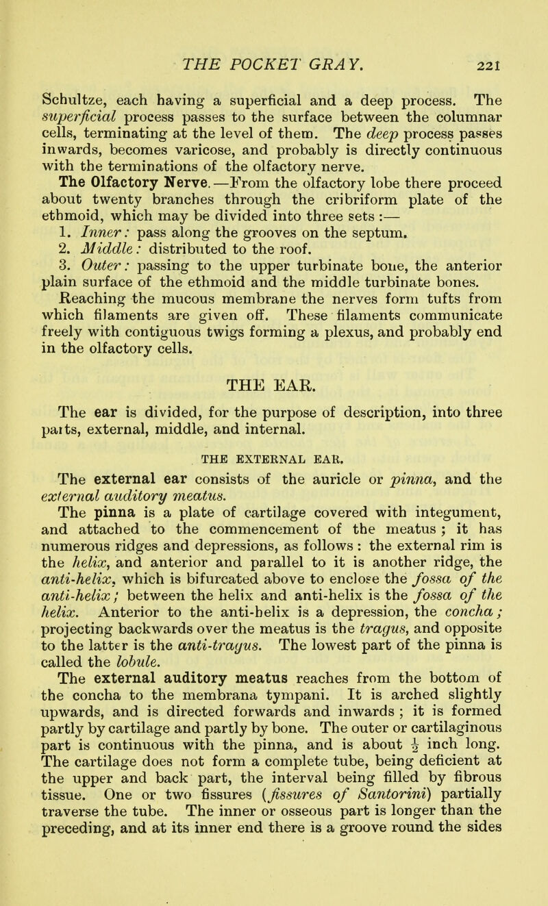 Schultze, each having a superficial and a deep process. The superficial process passes to the surface between the columnar cells, terminating at the level of them. The deep process passes inwards, becomes varicose, and probably is directly continuous with the terminations of the olfactory nerve. The Olfactory Nerve. —From the olfactory lobe there proceed about twenty branches through the cribriform plate of the ethmoid, which may be divided into three sets :— 1. Inner: pass along the grooves on the septum. 2. Middle: distributed to the roof. 3. Outer: passing to the upper turbinate bone, the anterior plain surface of the ethmoid and the middle turbinate bones. Reaching the mucous membrane the nerves form tufts from which filaments are given off. These filaments communicate freely with contiguous twigs forming a plexus, and probably end in the olfactory cells. THE EAR. The ear is divided, for the purpose of description, into three parts, external, middle, and internal. THE EXTERNAL EAR. The external ear consists of the auricle or pinna, and the external auditory meatus. The pinna is a plate of cartilage covered with integument, and attached to the commencement of the meatus ; it has numerous ridges and depressions, as follows : the external rim is the helix, and anterior and parallel to it is another ridge, the anti-helixj which is bifurcated above to enclose the fossa of the anti-helix; between the helix and anti-helix is the fossa of the helix. Anterior to the anti-helix is a depression, the concha; projecting backwards over the meatus is the tragus, and opposite to the latter is the anti-trayus. The lowest part of the pinna is called the lobule. The external auditory meatus reaches from the bottom of the concha to the membrana tympani. It is arched slightly upwards, and is directed forwards and inwards ; it is formed partly by cartilage and partly by bone. The outer or cartilaginous part is continuous with the pinna, and is about J inch long. The cartilage does not form a complete tube, being deficient at the upper and back part, the interval being filled by fibrous tissue. One or two fissures {fissures of Santorini) partially traverse the tube. The inner or osseous part is longer than the preceding, and at its inner end there is a groove round the sides