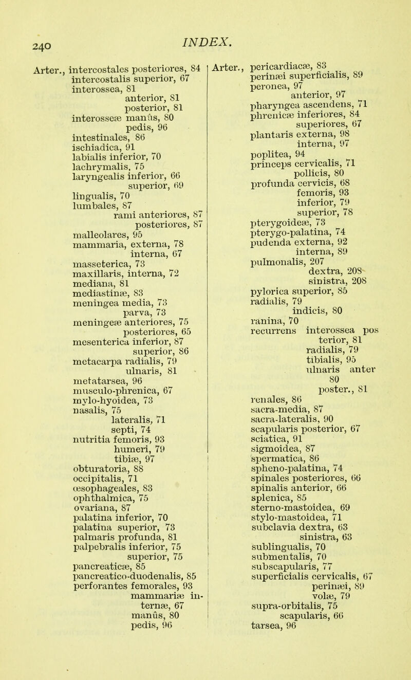 Arter., intercostales posteriores, 84 intercostalis superior, 67 interossea, 81 anterior, 81 posterior, 81 interosse?e manus, 80 pedis, 96 intestinales, 86 ischiadica, 91 labialis inferior, 70 lachrymalis, 75 laryngealis inferior, 66 superior, 69 lingualis, 70 lumbales, 87 rami anteriores, 87 posteriores, 87 malleolares, 95 mammaria, externa, 78 interna, 67 masseterica, 73 maxillaris, interna, 72 mediana, 81 mediastinye, 83 meningea media, 73 parva, 73 meningese anteriores, 75 posteriores, 65 mesenterica inferior, 87 superior, 86 metacarpa radialis, 79 ulnar is, 81 metatarsea, 96 musculo-phrenica, 67 mylo-hyoidea, 73 nasalis, 75 lateralis, 71 septi, 74 nutritia femoris, 93 humeri, 79 tibiae, 97 obturatoria, 88 occipitalis, 71 cesophageales, 83 ophthalmica, 75 ovarian a, 87 palatina inferior, 70 palatina superior, 73 palmaris profunda, 81 palpebralis inferior, 75 superior, 75 pancreaticte, 85 pancreatico-duodenalis, 85 perforantes femorales, 93 mammarise in- ternee, 67 manus, 80 pedis, 96 \, pericardiacse, 83 perinaei superficialis, 89 peronea, 97 anterior, 97 pharyngea ascendens, 71 phrenicse inferiores, 84 superiores, 67 plantaris externa, 98 interna, 97 poplitea, 94 princeps cervicalis, 71 poUicis, 80 profunda cervicis, 68 femoris, 93 inferior, 79 superior, 78 pterygoidese, 73 pterygo-palatina, 74 pudenda externa, 92 interna, 89 pulmonalis, 207 dextra, 208 sinistra, 208 pylorica superior, 85 radialis, 79 indicis, 80 ranina, 70 recurrens interossea pos terior, 81 radialis, 79 tibialis, 95 ulnaris anter 80 poster., 81 reiiales, 86 sacra-media, 87 sacra-lateralis, 90 scapularis posterior, 67 sciatica, 91 sigmoidea, 87 spermatica, 86 spheno-palatina, 74 spinales posteriores, 66 spinalis anterior, 66 splenica, 85 sterno-mastoidea, 69 stylo-mastoidea, 71 subclavia dextra, 63 sinistra, 63 sublingualis, 70 submentalis, 70 subscapularis, 77 superficialis cervicalis, 67 perinaii, 89 volai, 79 supra-orbitalis, 75 scapularis, 66 tarsea, 96