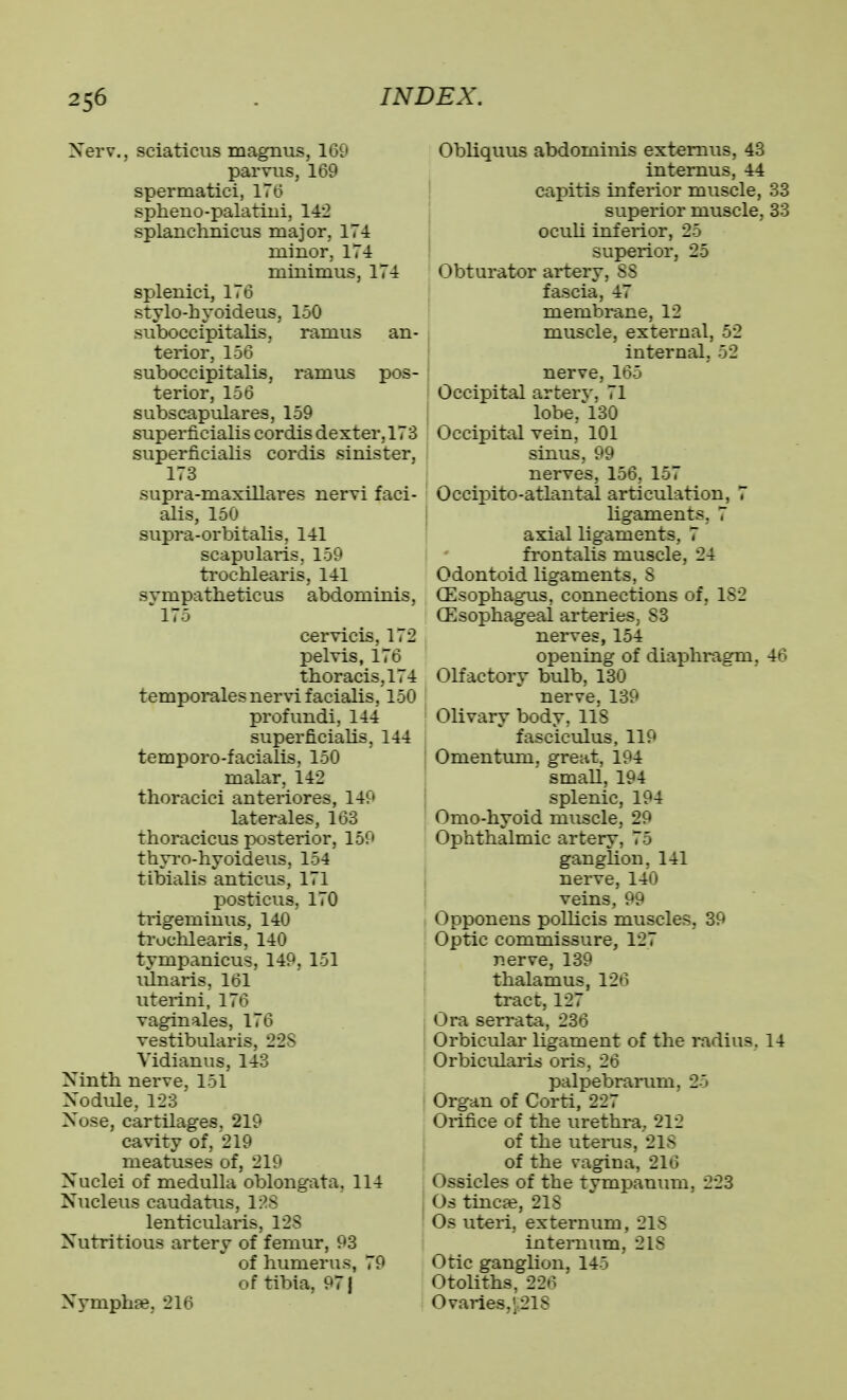 Xerv., sciaticus magnus, 169 parvus, 169 spermatici, 176 spheno-palatini, 142 splanchnicus major, 174 minor, 174 minimus, 174 splenici, 176 stylo-hyoideus, 150 suboccipitalis, ramus an- terior, 156 suboccipitalis, ramus pos- terior, 156 subscapulares, 159 superficialis cordis dexter, 173 superficialis cordis sinister, 173 sLipra-maxillares nervi faci- alis, 150 supra-orbitalis, 141 scapularis, 159 trochlearis, 141 svmpatheticus abdominis, 175 cervicis, 172 pelvis, 176 thoracis, 174 temporalesnervi facialis, 150 profundi, 144 superficiaUs, 144 temporo-facialis, 150 malar, 142 thoracici anteriores, 149 laterales, 163 thoracicus posterior, 159 thyro-hyoideus, 154 tibialis anticus, 171 posticus, 170 trigeminus, 140 trochlearis, 140 tympanicus, 149, 151 iiinaris, 161 uterini, 176 vaginales, 176 vestibularis, 228 Vidianus, 143 Xinth nerve, 151 Nodule, 123 Nose, cartilages, 219 cavity of, 219 meatuses of, 219 Nuclei of medulla oblongata, 114 Nucleus caudatus, 12S lenticularis, 128 Nutritious artery of femur, 93 of humerus, 79 of tibia, 971 Nymphse, 216 Obliquus abdominis extemus, 43 intemus, 44 I capitis inferior muscle, 33 I superior muscle, 33 oculi inferior, 25 ! superior, 25 Obturator artery, 88 fascia, 47 membrane, 12 muscle, external, 52 internal, 52 nerve, 165 Occipital arterv. 71 lobe,'130 Occipital vein, 101 sinus, 99 nerves, 156, 157 Occipito-atlantal articulation, 7 hgaments, 7 axial ligaments, 7 frontalis muscle, 24 Odontoid ligaments, S (Esophagus, connections of, 182 (Esophageal arteries, S3 nerves, 154 opening of diaphragm. 46 Olfactory bulb, 130 nerve, 139 Olivary body, 118 fasciculus, 119 Omentum, great, 194 ' small, 194 splenic, 194 Omo-hyoid muscle, 29 Ophthalmic artery, 75 ganglion, 141 nerve, 140 veins, 99 Opponens pollicis muscles, 39 Optic commissure, 127 nerve, 139 thalamus, 126 tract, 127 Ora serrata, 236 Orbicular ligament of the radius, 14 Orbicularis oris, 26 palpebrarum, 25 Organ of Corti, 227 Orifice of the urethra, 212 of the uterus, 218 of the ragina, 216 Ossicles of the tympanum, 223 Os tincse, 218 Os uteri, externum, 218 internum, 218 Otic ganglion, 145 Otoliths, 226 Ovaries, 1,218