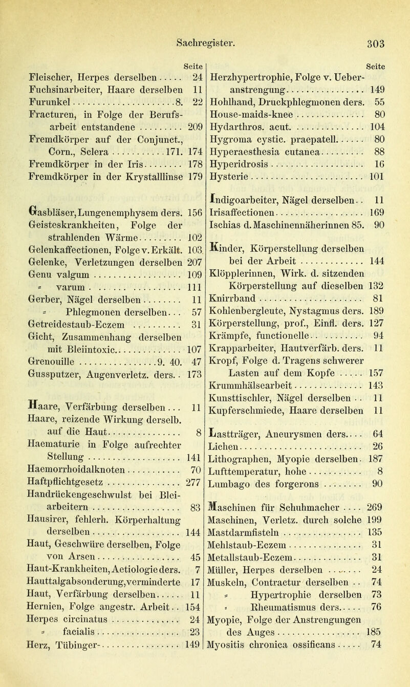 Seite Fleischer, Herpes derselben 24 Fiichsinarbeiter, Haare derselben 11 Furunkel 8. 22 Fracturen, in Folge der Berufs- arbeit entstandene 209 Fremdkörper auf der Conjunct., Corn., Sclera 171. 174 Fremdkörper in der Iris 178 Fremdkörper in der Krystalllinse 179 Gasbläser,Lungenemphysem ders. 156 Geisteskrankheiten, Folge der strahlenden Wärme 102 Gelenkalfectionen, Folge v. Erkält. 103. Gelenke, Verletzungen derselben 207 Genu valgum 109 varum . III Gerber, Nägel derselben 11 Phlegmonen derselben... 57 Getreidestaub-Eczem 31 Gicht, Zusammenhang derselben mit Bleiintoxic 107 Grenouille 9. 40. 47 Gussputzer, Augenverletz. ders.. 173 Haare, Verfärbung derselben... 11 Haare, reizende Wirkung derselb. auf die Haut 8 Haematurie in Folge aufrechter Stellung 141 Haemorrhoidalknoten 70 Haftpflichtgesetz 277 Handrückengeschwulst bei Blei- arbeitern 83 Hausirer, fehlerh. Körperhaltung derselben 144 Haut, Geschwüre derselben, Folge von Arsen 45 Haut-Krankheiten, Aetiologie ders. 7 Hauttalgabsonderungjverminderte 17 Haut, Verfärbung derselben 11 Hernien, Folge angestr. Arbeit.. 154 Herpes circinatus , 24 facialis 23 Herz, Tübinger- 149 Seite Herzhypertrophie, Folge v. Ueber- anstrengung 149 Hohlhand, Druckphlegmonen ders. 55 House-maids-knee 80 Hydarthros. acut 104 Hygroma cystic. praepatell 80 Hyperaesthesia cutanea 88 Hyperidrosis 16 Hysterie 101 Indigoarbeiter, Nägel derselben.. 11 Irisaffectionen 169 Ischias d. Maschinennäherinnen 85. 90 Kinder, Körper Stellung derselben bei der Arbeit 144 Klöpplerinnen, Wirk. d. sitzenden Körperstellung auf dieselben 132 Knirrband 81 Kohienbergleute, Nystagmus ders. 189 Körperstellung, prof, Einfl. ders. 127 Krämpfe, functionelle 94 Krapparbeiter. Hautverfärb, ders. 11 Kropf, Folge d. Tragens schwerer Lasten auf dem Kopfe 157 Krummhälsearbeit 143 Kunsttischler, Nägel derselben •. 11 Kupferschmiede, Haare derselben 11 Lastträger, Aneurysmen ders.... 64 Liehen 26 Lithographen, Myopie derselben. 187 Lufttemperatur, hohe 8 Lumbago des forgerons 90 Maschinen für Schuhmacher ... 269 Maschinen, Verletz, durch solche 199 Mastdarmfisteln 135 Mehlstaub-Eczem 31 Metallstaub-Eczem 31 Müller, Herpes derselben .. ■ 24 Muskeln, Contractur derselben .. 74 Hypertrophie derselben 73 Eheumatismus ders 76 Myopie, Folge der Anstrengungen des Auges 185 Myositis chronica ossificans 74