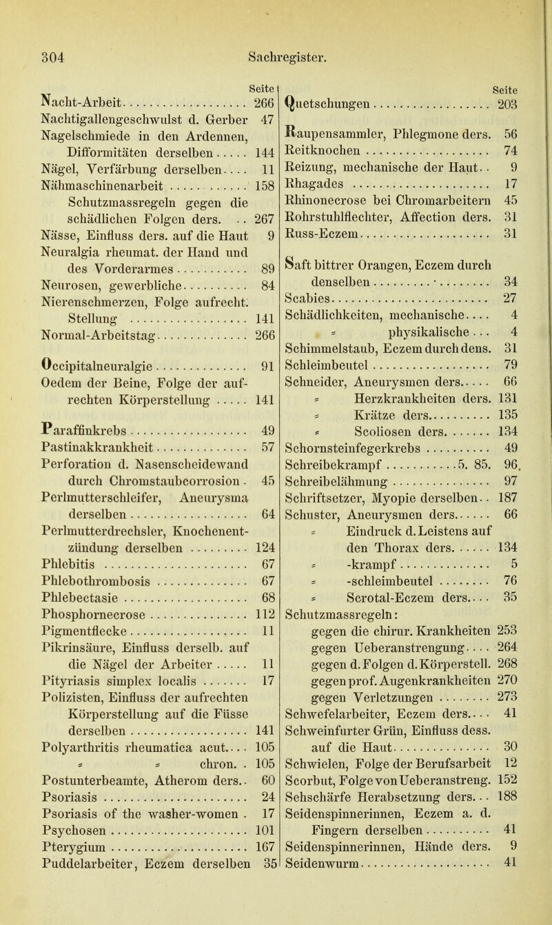 Seite Nacht-Arbeit 266 Nachtigallengeschwulst d. Gerber 47 Nagelschmiede in den Ardennen, Difformitäten derselben..... 144 Nägel, Verfärbung derselben 11 Nähmaschinenarbeit 158 Schutzmassregeln gegen die schädlichen Folgen ders. .. 267 Nässe, Einfluss ders. auf die Haut 9 Neuralgia rheumat. der Hand und des Vorderarmes 89 Neurosen, gewerbliche 84 Nierenschmerzen, Folge aufrecht. Stellung 141 Normal-Arbeitstag 266 Occipitalneuralgie 91 Oedem der Beine, Folge der auf- rechten Körperstellung 141 Paraffinkrebs 49 Pastinakkrankheit 57 Perforation d. Nasenscheidewand durch Chromstaubcorrosion . 45 Perlmutterschleifer, Aneurysma derselben 64 Perlmutterdrechsler, Knochenent- zündung derselben 124 Phlebitis 67 Phlebothrombosis 67 Phlebectasie 68 Phosphornecrose 112 Pigmentflecke 11 Pikrinsäure, Einfluss derselb. auf die Nägel der Arbeiter 11 Pityriasis simplex localis 17 Polizisten, Einfluss der aufrechten Körperstellung auf die Füsse derselben 141 Polyarthritis rheumatica acut... • 105 * = chron. . 105 Postunterbeamte, Atherom ders.. 60 Psoriasis 24 Psoriasis of the washer-women . 17 Psychosen 101 Pterygium 167 Puddelarbeiter, Eczem derselben 35 Seite Quetschungen 203 Raupensammler, Phlegmone ders. 56 Reitknochen 74 Reizung, mechanische der Haut.. 9 Rhagades 17 Rhinonecrose bei Chromarbeitern 45 Rohrstuhlflechter, Affection ders. 31 Russ-Eczem 31 Saft bittrer Orangen, Eczem durch denselben • 34 Scabies 27 Schädlichkeiten, mechanische 4 ' physikalische... 4 Schimmelstaub, Eczem durch dens. 31 Schleimbeutel 79 Schneider, Aneurysmen ders 66 = Herzkrankheiten ders. 131 Krätze ders 135 s Scoliosen ders 134 Schornsteinfegerkrebs 49 Schreibekrampf 5. 85. 96, Schreibelähmung 97 Schriftsetzer, Myopie derselben.. 187 Schuster, Aneurysmen ders 66 Eindruck d. Leistens auf den Thorax ders 134 = -kramp f 5 = -Schleimbeutel 76 * Scrotal-Eczem ders— 35 Schutzmassregeln: gegen die chirur. Krankheiten 253 gegen Ueberanstrengung 264 gegen d. Folgen d. Körperstell. 268 gegen prof. Augenkrankheiten 270 gegen Verletzungen 273 Schwefelarbeiter, Eczem ders— 41 Schweinfurter Grün, Einfluss dess. auf die Haut 30 Schwielen, Folge der Berufsarbeit 12 Scorbut, Folge von Ueberanstreng. 152 Sehschärfe Herabsetzung ders.. • 188 Seidenspinnerinnen, Eczem a. d. Fingern derselben 41 Seidenspinnerinnen, Hände ders. 9 Seidenwurm 41