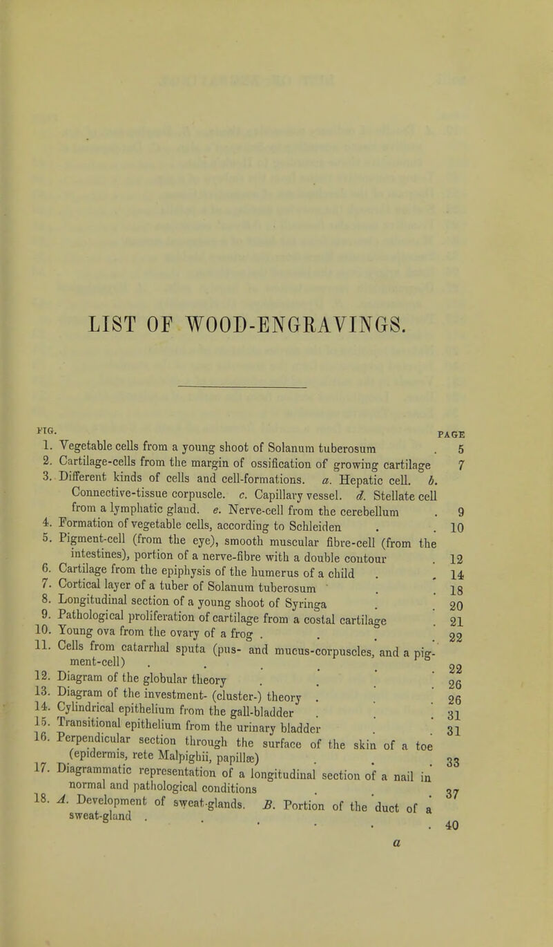 LIST OF WOOD-ENGRAVINGS. FlG- PAGE 1. Vegetable cells from a young shoot of Solanum tuberosum . 5 2. Cartilage-cells from the margin of ossification of growing cartilage 7 3. Different kinds of cells and cell-formations, a. Hepatic cell. b. Connective-tissue corpuscle, c. Capillary vessel, d. Stellate cell from a lymphatic gland, e. Nerve-cell from the cerebellum . 9 4. Formation of vegetable cells, according to Schleiden . . 10 5. Pigment-cell (from the eye), smooth muscular fibre-cell (from the intestines), portion of a nerve-fibre with a double contour . 12 6. Cartilage from the epiphysis of the humerus of a child . . 14 7. Cortical layer of a tuber of Solanum tuberosum . * 18 8. Longitudinal section of a young shoot of Syringa . 20 9. Pathological proliferation of cartilage from a costal cartilage . 21 10. Young ova from the ovary of a frog 11. Cells from catarrhal sputa (pus- and mueus-corpuscles,' and a ma- ment-cell) . 12. Diagram of the globular theory . '26 13. Diagram of the investment- (cluster-) theory . 26 14. Cylindrical epithelium from the gall-bladder . ' 31 15. Transitional epithelium from the urinary bladder ' 31 16. Perpend.cular section through the surface of the skin of a toe (epidermis, rete Malpighii, papilla;) 33 17. Diagrammatic representation of a longitudinal section o'f a nail in normal and pathological conditions 37 18. A. Development of sweat-glands. B. Portion of the duct of a sweat-gland . 40 22 22 a