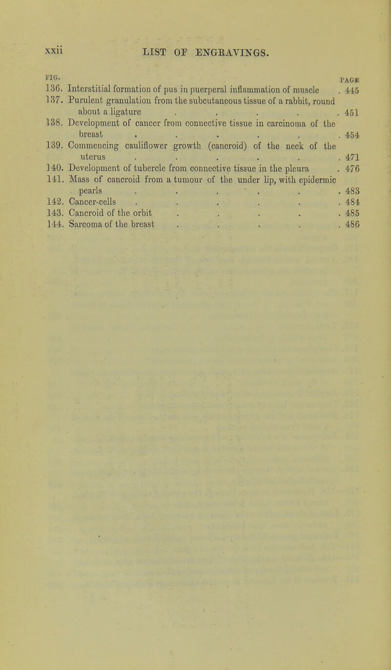 PAGJi ] 36. Interstitial formation of pus in puerperal inflammation of muscle . 445 137. Purulent granulation from the subcutaneous tissue of a rabbit, round about a ligature ..... 451 13S. Development of cancer from connective tissue in carcinoma of the breast ...... 454 139. Commencing cauliflower growth (cancroid) of the neck of the uterus . . . . . . 471 140. Development of tubercle from connective tissue in the pleura . 476 141. Mass of cancroid from a tumour of the under lip, with epidermic pearls . . . . . 483 142. Cancer-cells ...... 484 143. Cancroid of the orbit ..... 485 144. Sarcoma of the breast ..... 486