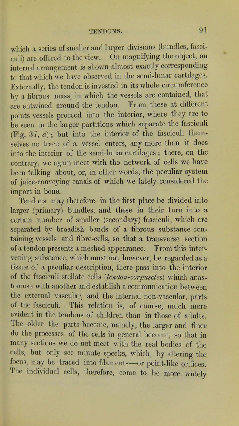 TENDONS. which a series of smaller and larger divisions (bundles, fasci- culi) are offered to the view. On magnifying the object, an internal arrangement is shown almost exactly corresponding to that which we have observed in the semi-lunar cartilages. Externally, the tendon is invested in its whole circumference by a fibrous mass, in which the vessels are contained, that are entwined around the tendon. Prom these at different points vessels proceed into the interior, where they are to be seen in the larger partitions which separate the fasciculi (Fig. 37, a); but into the interior of the fasciculi them- selves no trace of a vessel enters, any more than it does into the interior of the semi-lunar cartilages ; there, on the contrary, we again meet with the network of cells we have been talking about, or, in other words, the peculiar system of juice-conveying canals of which we lately considered the import in bone. Tendons may therefore in the first place be divided into larger (primary) bundles, and these in their turn into a certain number of smaller (secondary) fasciculi, which are separated by broadish bands of a fibrous substance con- taining vessels and fibre-cells, so that a transverse section of a tendon presents a meshed appearance. From this inter- vening substance, which must not, however, be regarded as a tissue of a peculiar description, there pass into the interior of the fasciculi stellate cells (tendon-corpuscles) which anas- tomose with another and establish a communication between the external vascular, and the internal non-vascular, parts of the fasciculi. This relation is, of course, much more evident in the tendons of children than in those of adults. The older the parts become, namely, the larger and finer do the processes of the cells in general become, so that in many sections we do not meet with the real bodies of the cells, but only see minute specks, which, by altering the focus, may be traced into filaments—or point-like orifices. The individual cells, therefore, come to be more widely