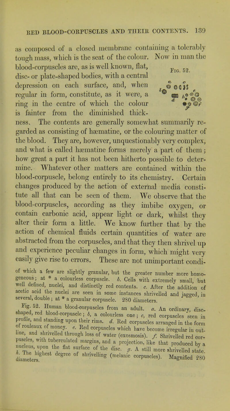 as composed of a closed membrane containing a tolerably tough mass, which is the seat of the colour. Now in man the blood-corpuscles are, as is well known, flat, 52 disc- or plate-shaped bodies, with a central depression on each surface, and, when ^ ® o C) J regular in form, constitute, as it were, a ® am *o*a ring in the centre of which the colour mp©f is fainter from the diminished thick- ness. The contents are generally somewhat summarily re- garded as consisting of hsematine, or the colouring matter of the blood. They are, however, unquestionably very complex, and what is called haematine forms merely a part of them; how great a part it has not been hitherto possible to deter- mine. Whatever other matters are contained within the blood-corpuscle, belong entirely to its chemistry. Certain changes produced by the action of external media consti- tute all that can be seen of them. We observe that the blood-corpuscles, according as they imbibe oxygen, or contain carbonic acid, appear light or dark, whilst they alter their form a little. We know further that by the action of chemical fluids certain quantities of water are abstracted from the corpuscles, and that they then shrivel up and experience peculiar changes in form, which might very easily give rise to errors. These are not unimportant condi- of which a few are slightly granular, but the greater number more homo- geneous; at * a colourless corpuscle, b. Cells with extremely small, but well defined, nuclei, and distinctly red contents, c. After the addition of acetic acid the nuclei are seen in some instances shrivelled and jagged in several, double; at * a granular corpuscle. 280 diameters. Eig. 52 Human blood-corpuscles from an adult, a. An ordinary, disc- shaped, red blood-corpuscle; b, a colourless one; red corpuscles seen in profile and standing upon their rims. d. Red corpuscles arranged in the form of rouleaux of money, e. Red corpuscles which have become irregular in out- Z'J S1T? \ ?7h l0SS °f Water (cxosm°^)- / Shrivelled red cor- puscles, with tubcrculated margins, and a projection, like that produced by a r»XZÄ 'fr- °n-the diSC * A Sti]1 moies Celled si LmetJs* greG VClIinS (mC'aniC corPuscle*)- Magnified 280