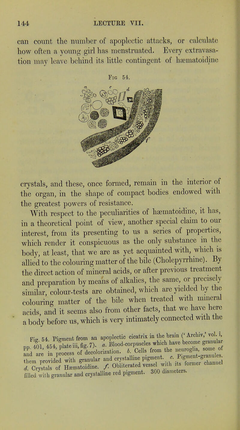 can count the number of apoplectic attacks, or calculate how often a young- girl has menstruated. Every extravasa- tion may leave behind its little contingent of hsematoidine Fig 54. crystals, and these, once formed, remain in the interior of the organ, in the shape of compact bodies endowed with the greatest powers of resistance. With respect to the peculiarities of haematoidine, it has, in a theoretical point of view, another special claim to our interest, from its presenting to us a series of properties, which render it conspicuous as the only substance in the body, at least, that we are as yet acquainted with, which is allied to the colouring matter of the bile (Cholepyrrhine). By the direct action of mineral acids, or after previous treatment and preparation by means of alkalies, the same, or precisely similar, colour-tests are obtained, which are yielded by the colouring matter of the bile when treated with mineral acids, and it seems also from other facts, that we have here a body before us, which is very intimately connected with the F\z 54 Pigment from an apoplectic cicatrix in the brain ('Archiv,'vol. i, nn 401 454 Jäte ii fi-. 7). a. Blood-corpuscles which have become granular nPd are in\loce«ofWoÄ *. Cells from the neuroglia, some of ia;0 -dea with granular ^^P^ÄÄ