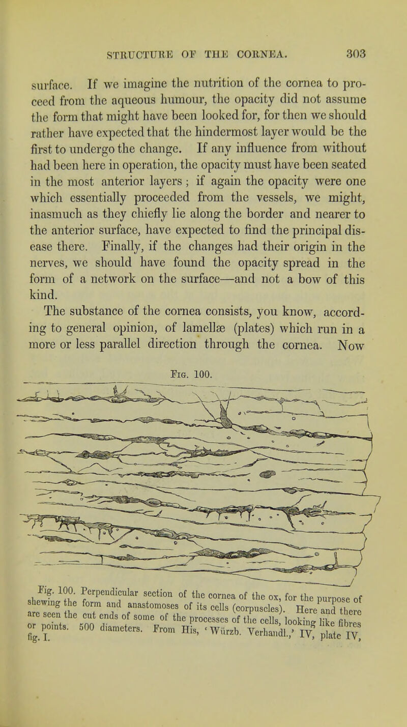 surface. If we imagine the nutrition of the cornea to pro- ceed from the aqueous humour, the opacity did not assume the form that might have been looked for, for then we should rather have expected that the hindermost layer would be the first to undergo the change. If any influence from without had been here in operation, the opacity must have been seated in the most anterior layers ; if again the opacity were one which essentially proceeded from the vessels, we might, inasmuch as they chiefly lie along the border and nearer to the anterior surface, have expected to find the principal dis- ease there. Finally, if the changes had their origin in the nerves, we should have found the opacity spread in the form of a network on the surface—and not a bow of this kind. The substance of the cornea consists, you know, accord- ing to general opinion, of lamellae (plates) which run in a more or less parallel direction through the cornea. Now Fig. 100.