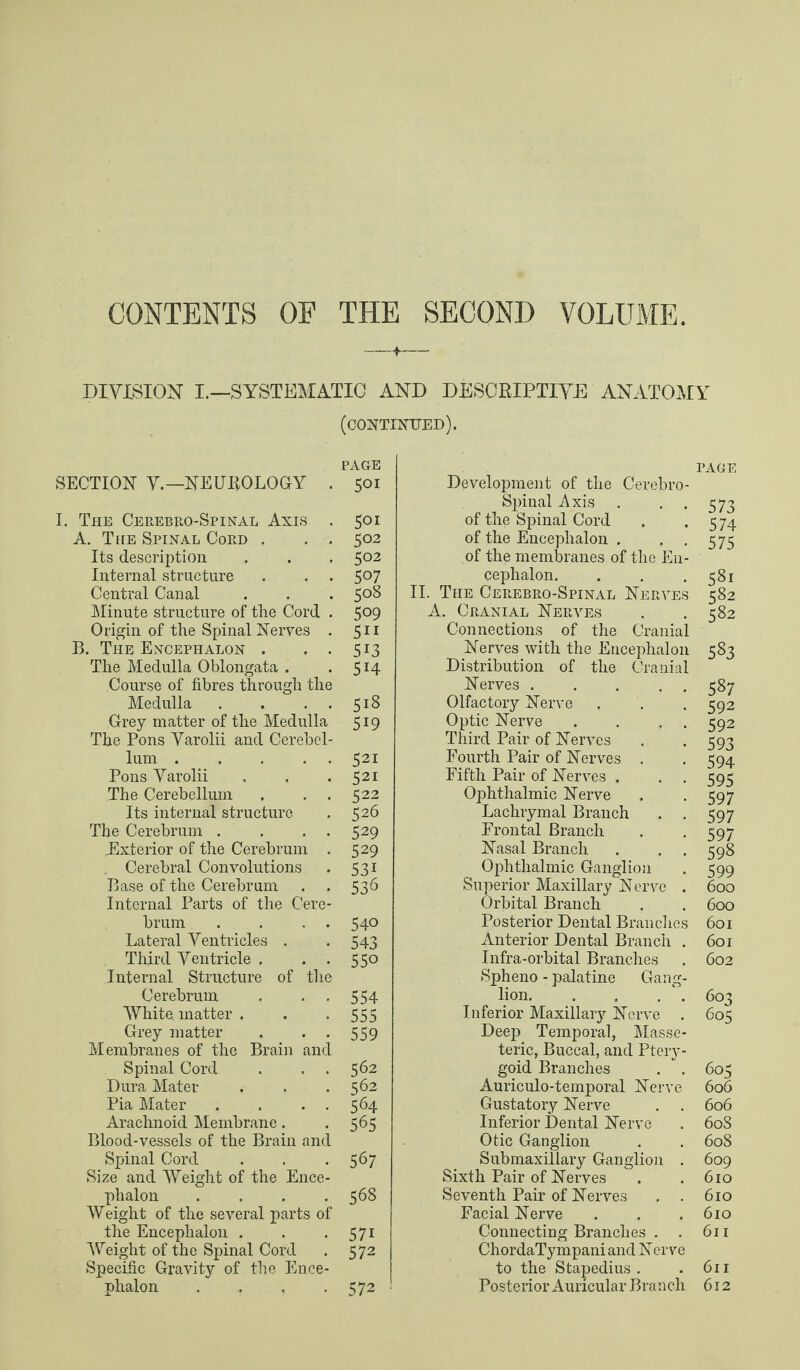 CONTENTS OF THE SECOND VOLUME. DIVISION I.—SYSTEMATIC AND DESCRIPTIVE ANATOMY (continued). SECTION V.—NEUROLOGY . PAGE 501 I. The Cerebro-Spinal Axis . 501 A. The Spinal Cord . . . 502 Its description 502 Internal structure . . . 507 Central Canal 508 Minute structure of the Cord . 509 Origin of the Spinal Nerves . 511 B. The Encephalon . . . 5i3 The Medulla Oblongata . 5H Course of fibres through the Medulla . . . . 518 Grey matter of the Medulla 5i9 The Pons Varolii and Cerebel- lum ..... 521 Pons Varolii 521 The Cerebellum . . . 522 Its internal structure 526 The Cerebrum . . . . 529 Exterior of the Cerebrum . 529 Cerebral Convolutions 53i Base of the Cerebrum 536 Internal Parts of the Cere- brum . . . . 540 Lateral Ventricles . 543 Third Ventricle . . . 55o Internal Structure of the Cerebrum . . . 554 White, matter . 555 Grey matter . . . 559 Membranes of the Brain and Spinal Cord . . . 562 Dura Mater 562 Pia Mater . . . . 564 Arachnoid Membrane. 565 Blood-vessels of the Brain and Spinal Cord 567 Size and Weight of the Ence- phalon .... 568 Weight of the several parts of the Encephalon . 57i Weight of the Spinal Cord 572 Specific Gravity of the Ence- phalon .... 572 PAGE Development of the Cerebro- Spinal Axis . • • 573 of the Spinal Cord . .574 of the Encephalon . • • 575 of the membranes of the En¬ cephalon. . . .581 II. The Cerebro-Spinal Nerves 582 A. Cranial Nerves . . 582 Connections of the Cranial Nerves with the Encephalon 583 Distribution of the Cranial Nerves.587 Olfactory Nerve . . . 592 Optic Nerve . . . . 592 Third Pair of Nerves . . 593 Fourth Pair of Nerves . -594 Fifth Pair of Nerves . 595 Ophthalmic Nerve . . 597 Lachrymal Branch . . 597 Frontal Branch . . 597 Nasal Branch . . . 598 Ophthalmic Ganglion . 599 Superior Maxillary Nerve . 600 Orbital Branch . . 600 Posterior Dental Branches 601 Anterior Dental Branch . 601 Infra-orbital Branches . 602 Spheno - palatine Gang¬ lion. . . . . 603 Inferior Maxillary Nerve . 605 Deep Temporal, Masse¬ teric, Buccal, and Ptery¬ goid Branches . . 605 Auriculo-temporal Nerve 606 Gustatory Nerve . . 606 Inferior Dental Nerve . 608 Otic Ganglion . . 608 Submaxillary Ganglion . 609 Sixth Pair of Nerves . . 610 Seventh Pair of Nerves . . 610 Facial Nerve . . .610 Connecting Branches . . 611 ChordaTympani and Nerve to the Stapedius . .611 Posterior Auricular Branch 612