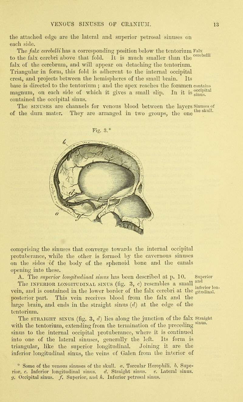 cerebelli the attaclied edge are the lateral and superior petrosal sinuses on each side. The falx cerebelli has a corresponding position below the tentorium Faix to the falx cerebri above that fold. It is much smaller than the falx of the cerebrum, and will appear on detaching the tentorium. Triangular in form, this fold is adherent to the internal occipital crest, and projects between the hemispheres of the small brain. Its base is directed to the tentorium ; and the apex reaches the foramen contains magnum, on each side of which it gives a small slip. In it is gfuu^l^^^ contained the occipital sinus. The SINUSES are channels for venous blood between the layers Sinuses of of the dura mater. They are arranged in two groups, the one comprising the sinuses that converge towards the internal occipital protuberance, while the other is formed by the cavernous sinuses on the sides of the body of the sphenoid bone and the canals opening into these. A. The superior longitudinal sinus has been described at p. 10. Superior The INFERIOR LONGITUDINAL SINUS (fig. 3, c) resembles a ^^,^^^^^,1^^^. vein, and is contained in the lower border of the falx cerebri at the gitudinai. posterior part. This vein receives blood from the falx and the large brain, and ends in the straight sinus {d) at the edge of the tentorium. The STRAIGHT SINUS (fig. 3, d) lies along the junction of the falx Straight with the tentorium, extending from the termination of the preceding sinus to the internal occipital protuberance, where it is continued into one of the lateral sinnses, generally tlie left. Its form is triangular, like the superior longitudinal. Joining it are the inferior longitudinal sinus, the veins of Galen from the interior of Some of the venous sinuses of the skull, a. Torcular Herophili. h. Supe- rior, c. Inferior longitudinal sinus. d. Straight sinus. e. Lateral sinus. (J. Occipital sinus. /. Superior, and Ji. Inferior petrosal sinus.