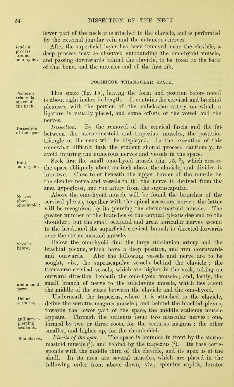 sends a process around omo-hyoid. lower part of the neck it is attaclied to the clavicle, and is perforated by the external jngiilar vein and the cntaneous nerves. After the superticial layer has heen removed near the clavicle, a deep process may he observed snrrounding the omo-hyoid muscle, and passing downw-ards behind the clavicle, to be fixed at the back of that bone, and the anterior end of the first rib. Posterior triangular space of the neck. Dissection of the space. Find omo-hA'oid. Nerves above omo-hvoid vessels below, and a small nerve. Define serratus, and nerves piercing scalenus. Boundaries. POSTERIOR TRIANGULAR SPACE. This space (fig. 15), having the form and position before noted is about eight inches in length. It contains the cervical and brachial plexuses, with the portion of the subclavian artery on which a ligature is usually placed, and some ofisets of the vessel and the nerves. Dissection. By the removal of the cervical fascia and the fat between the sterno-mastoid and trapezius muscles, the posteric.^r triangle of the neck will be displayed. In the execution of this somewhat difiicult task the student should proceed cautiously, to avoid injuring the numerous nerves and vessels in the space. Seek first the small omo-hyoid muscle (fig. 15, which crosses the space obliquely about an inch above the clavicle, and divides it into two. Close to or beneath the upper border of the muscle lie the slender nerve and vessels to it: the nerve is derived from the ansa hypoglossi, and the artery from the suprascapular. Above the omo-hyoid muscle will be found the branches of the cervical plexus, together with the sj^inal accessory nerve ; the latter will be recognised by its piercing the sterno-mastoid muscle. The greater number of the branches of the cervical plexus descend to the shoulder ; but the small occipital and great auricular nerves ascend to the head, and the superficial cervical branch is directed forward* over the sterno-mastoid muscle. Below the omo-hyoid find the large subclavian artery and the brachial plexus, which have a deep position, and run downwards and outwards. Also the following vessels and nerve are to be sought, viz., the suprascapular vessels behind the clavicle ; the transverse cervical vessels, which are higher in the neck, taking an outward direction beneath the omo-hyoid muscle; and, lastly, the small branch of nerve to the subclavius muscle, which lies about the middle of the space between the clavicle and the omo-hyoid. Underneath the trapezius, where it is attached to the clavicle, define the serratus magnus muscle ; and behind the brachial plexus, towards the lower part of the space, the middle scalenus muscle appears. Through the scalenus issue two muscular nerves ; one, formed by two or three roots, for the serratus magnus ; the other smaller, and higher up, for the rhomboidei. Limits of the space. The space is bounded in front by the sterno- mastoid muscle (^), and behind by the trapezius (^). Its base corre- sponds with the middle third of the clavicle, and its apex is at the skull. In its area are several muscles, which are placed in the following order from above down, viz., splenius capitis, levator