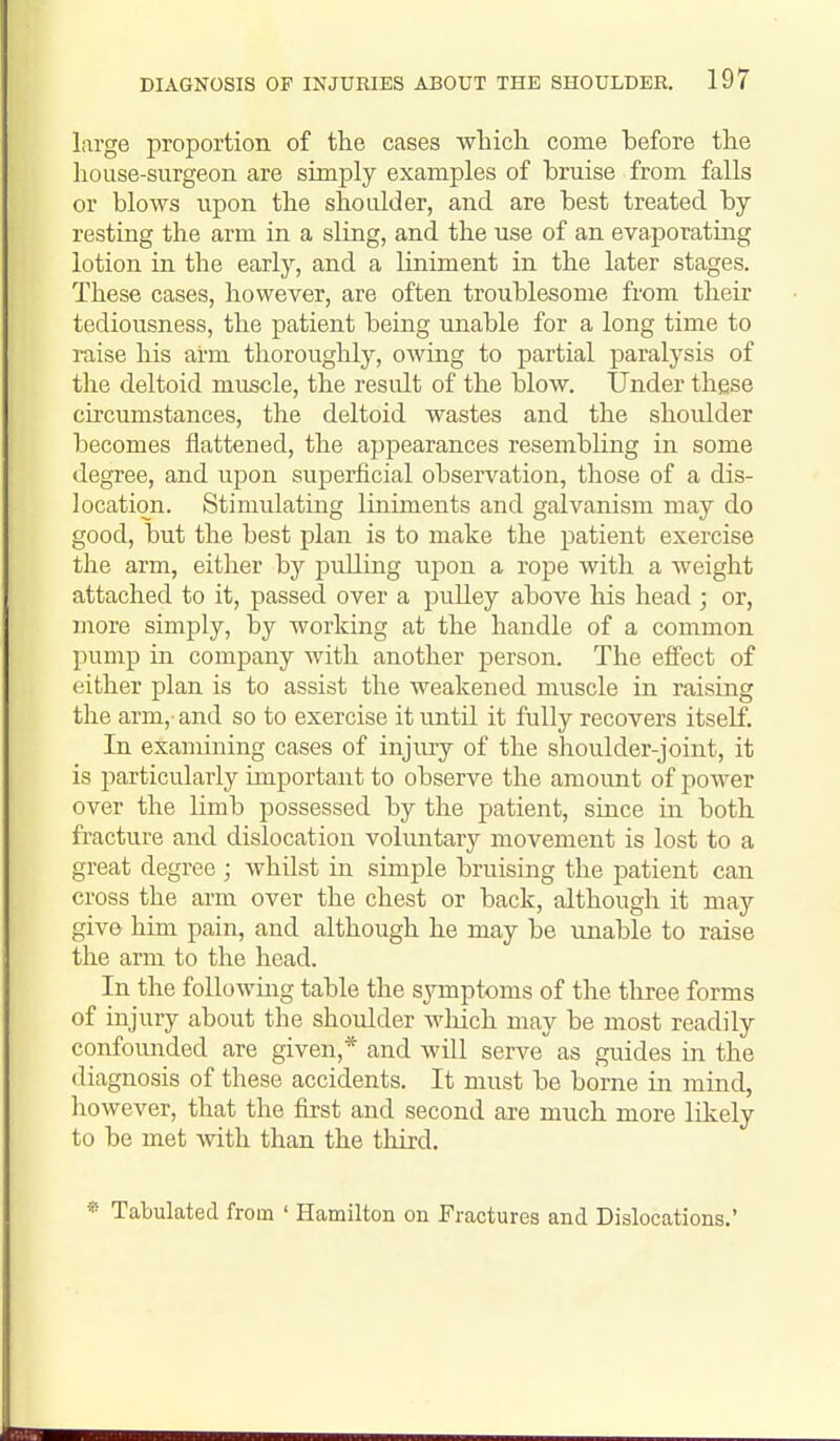 large proportion of the cases which come before the house-surgeon are simply examples of bruise from falls or blows upon the shoulder, and are best treated by resting the arm in a sling, and the use of an evaporating lotion in the early, and a liniment in the later stages. These cases, however, are often troublesome from their tediousness, the patient being unable for a long time to raise his arm thoroughly, owing to partial paralysis of the deltoid muscle, the result of the blow. Under these circumstances, the deltoid wastes and the shoulder becomes flattened, the appearances resembhng in some degree, and upon superficial observation, those of a dis- location. Stimulating liniments and galvanism may do good, but the best plan is to make the patient exercise the arm, either by pulling upon a rope with a weight attached to it, passed over a pulley above his head ; or, more simply, by working at the handle of a common pump in company with another person. The efi'ect of either plan is to assist the weakened muscle in raising the arm,-and so to exercise it until it fully recovers itself. In examining cases of injury of the shoulder-joint, it is particularly important to observe the amount of power over the Hmb possessed by the patient, since in both fracture and dislocation voluntary movement is lost to a great degree ; whilst in simple bruising the patient can cross the arm over the chest or back, although it may give him pain, and although he may be unable to raise the arm to the head. In the following table the symptoms of the three forms of injury about the shoulder which may be most readily confounded are given,* and will serve as guides in the diagnosis of these accidents. It must be borne in mind, however, that the first and second are much more likely to be met with than the third.