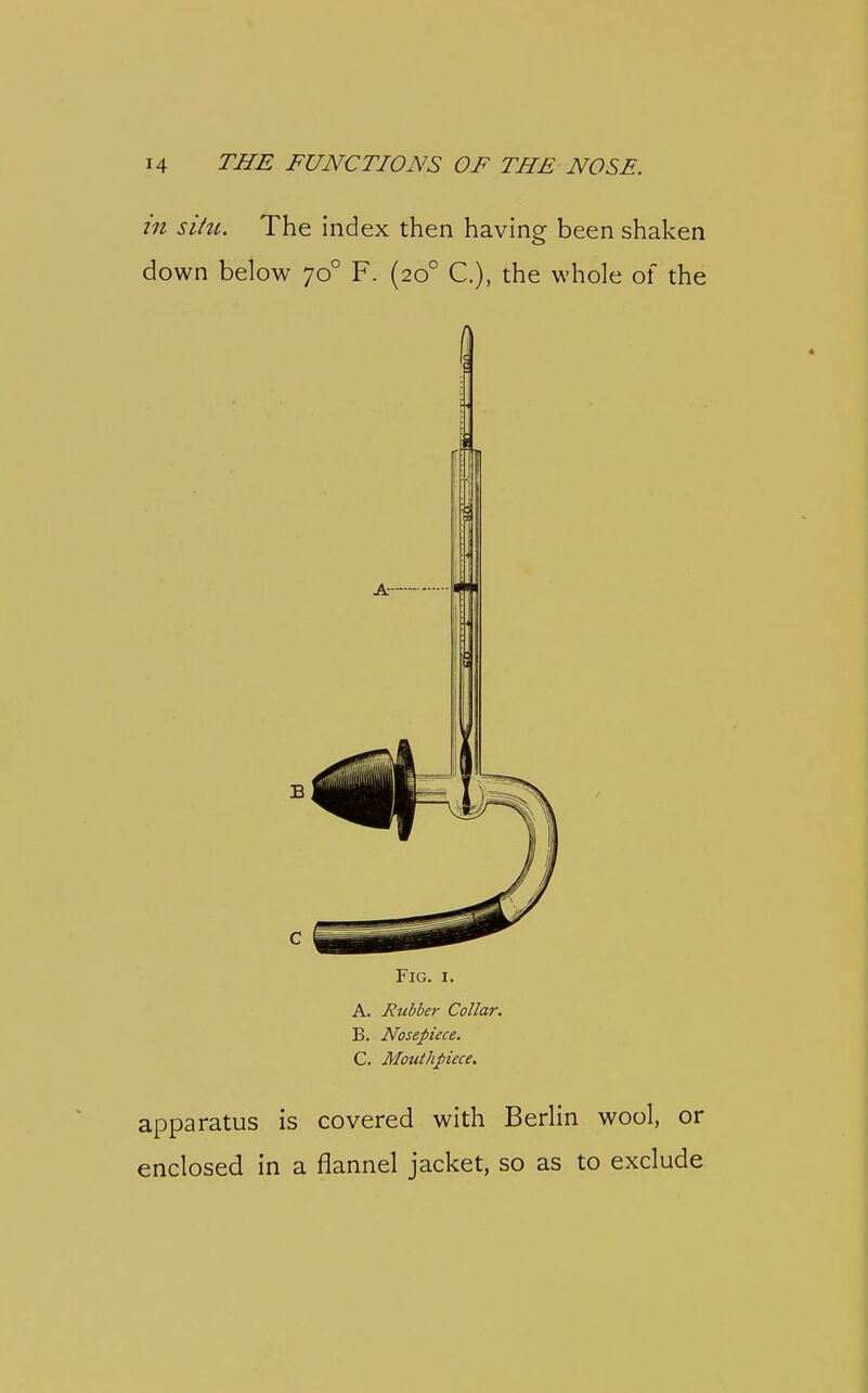 in sihi. The index then having been shaken down below 70° F. (20° C), the whole of the Fig. I. A. Rubber Collar. B. Nosepiece. C. Mouthpiece. apparatus is covered with Berlin wool, or enclosed in a flannel jacket, so as to exclude