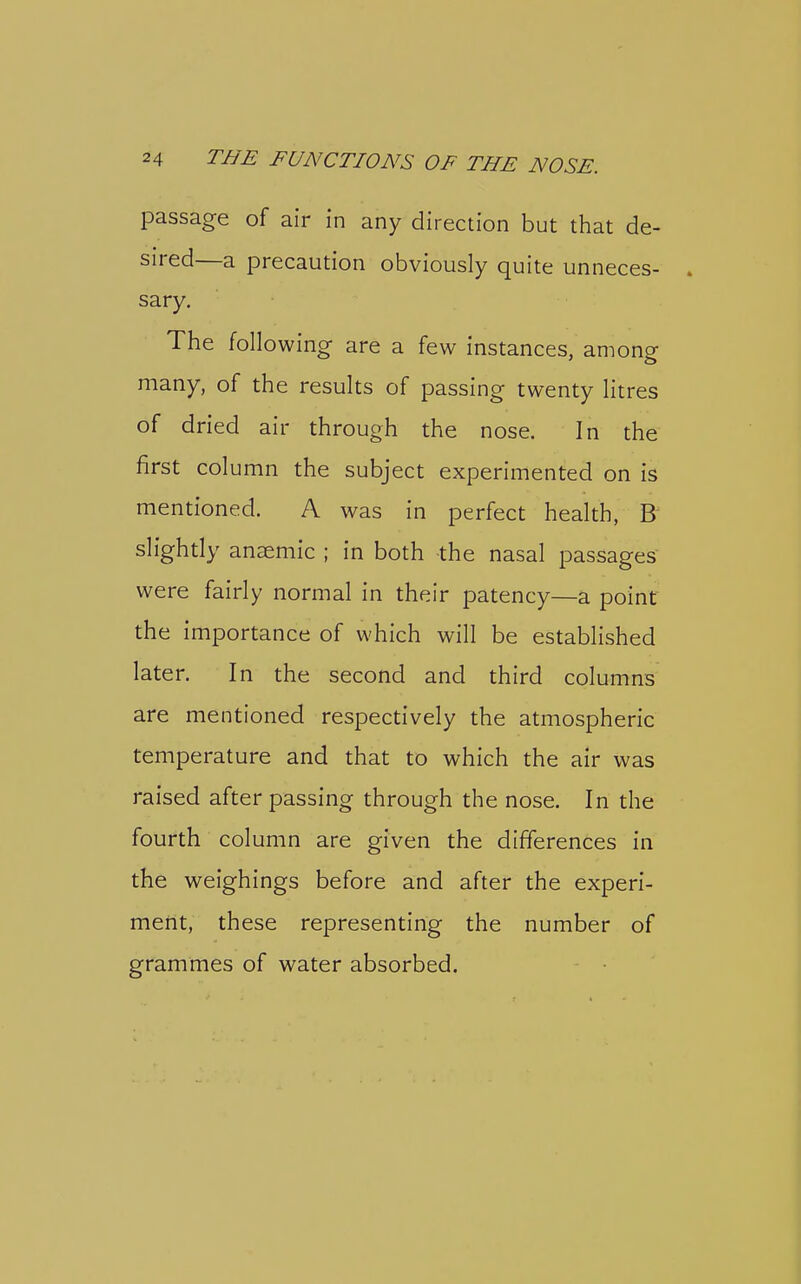 passage of air in any direction but that de- sired—a precaution obviously quite unneces- sary. The following are a few instances, among many, of the results of passing twenty litres of dried air through the nose. In the first column the subject experimented on is mentioned. A was in perfect health, R slightly anaemic ; in both the nasal passages were fairly normal in their patency—a point the importance of which will be established later. In the second and third columns are mentioned respectively the atmospheric temperature and that to which the air was raised after passing through the nose. In the fourth column are given the differences in the weighings before and after the experi- ment, these representing the number of grammes of water absorbed.