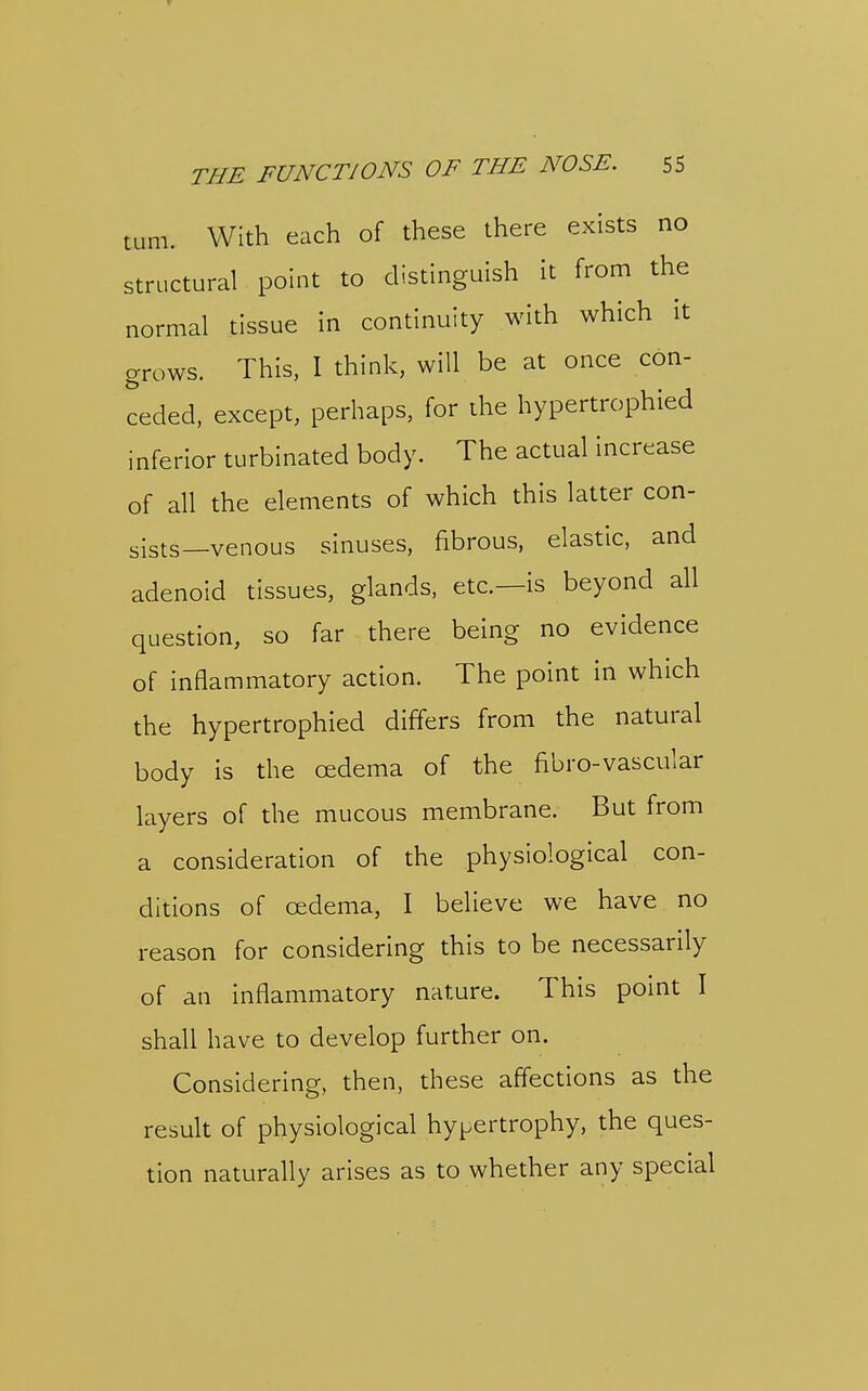 turn. With each of these there exists no structural point to distinguish it from the normal tissue in continuity with which it grows. This, I think, will be at once con- ceded, except, perhaps, for the hypertrophied inferior turbinated body. The actual increase of all the elements of which this latter con- sists—venous sinuses, fibrous, elastic, and adenoid tissues, glands, etc.—is beyond all question, so far there being no evidence of inflammatory action. The point in which the hypertrophied differs from the natural body is the oedema of the fibro-vascular layers of the mucous membrane. But from a consideration of the physiological con- ditions of oedema, I believe we have no reason for considering this to be necessarily of an inflammatory nature. This point I shall have to develop further on. Considering, then, these affections as the result of physiological hypertrophy, the ques- tion naturally arises as to whether any special