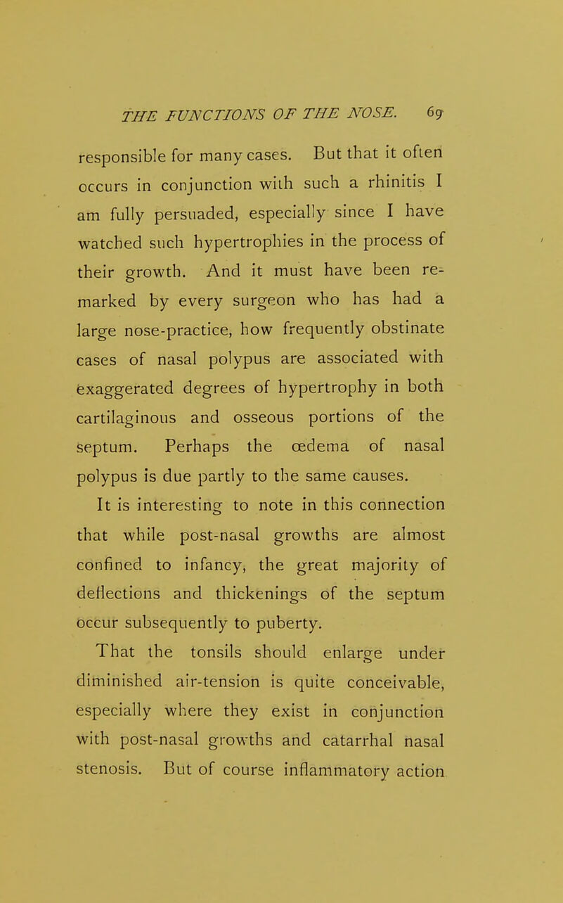 responsible for many cases. But that it ofien occurs in conjunction with such a rhinitis I am fully persuaded, especially since I have watched such hypertrophies in the process of their growth. And it must have been re- marked by every surgeon who has had a large nose-practice, how frequently obstinate cases of nasal polypus are associated with exaggerated degrees of hypertrophy in both cartilaginous and osseous portions of the septum. Perhaps the oedema of nasal polypus is due partly to the same causes. It is interesting to note in this connection that while post-nasal growths are almost confined to infancy, the great majority of deflections and thickenings of the septum occur subsequently to puberty. That the tonsils should enlarge under diminished air-tension is quite conceivable, especially where they exist in conjunction with post-nasal growths and catarrhal nasal stenosis. But of course inflammatory action