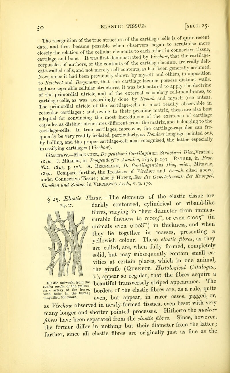 so The recognition of the true structure of the cartilage-cells is of quite recent date, and first became possible when observers began to scrutmise more closely the relation of the cellular elements to each other in connective tissue, cartilage, and bone. It was first demonstrated by Virchorv, that the cartilage- corpuscles of authors, or the contents of the cartilage-lacunse, are really deli- cate-walled cells, and not merely cell-contents, as had been generally assurned. Now, since it had been previously shown by myself and others, in opposition to Beichert and Bergmann, that tlie cartilage lacunae possess distinct waib;, and are separable cellular structures, it was but natural to apply the doctrine of the primordial utricle, and of the external secondary cell-membranes, to cartilage-cells, as was accordingly done by Bcniak and myself (see antea). The primordial utricle of the cartilage-cells is most readily observable in reticular cartilages ; and, owing to their pecuhar matrix, these are also best adapted for convincing the most incredulous of the existence of cartilage capsules as distinct structures different from the matrix, and belonging to the cartilage-cells. In true cartilages, moreover, the cartilage-capsules can fre- quently be very readily isolated, particularly, as Bonders long ago pomted out, by boiling, and the proper cartilage-cell also recognised, the latter especially in ossifying cartilages (Fir(?Äöw)- Literature.—Megkaver, Be pcnitiori Cartilaginum Structurd i)m.,Vratisl., 1836 J. MÜLLER, in Boggendorfs Armakn, 1836, p. 293. Rathke, m Fror. Not 184.7 p 306. A. BERG^iA^i^^, Be Cartilaginibus B2sq. vncr., UitQ.xii2, 18^0 Compare, further, the Treatises of Vircho7V and Bemak, cited above under Connective Tissue ; also F.Hoppe, über die Gewebelemmte der Knorpel, Knochen und Zähne, in Virchow's Arch., v. p. 170. 25. Elastic Tissue.—The elements of tlie elastic tissue are Fig. 17. darkly contoured, cylindrical or riband-like fibres, varying in their diameter from immea- surable fineness to 0-003', or even 0-005' (in animals even 0-008') in thickness, and when they lie together in masses, presenting a yellowish colour. These elastic fibres, as they are called, are, when fully formed, completely solid, but may subsequently contain small ca- vities at certain places, which in one animal, the giraffe (Quekett, Histological Catalogue, i.), appear so regular, that the fibres acquire a Elastic network, from the hpoiitiful transversclv stripcd appearance. The <Mmca media of the pulmo- ^^cciuu x , . . n^ ^,1« r>.ii^fo navy artery of the horse, bordcrs of thc clastic fibrcs arc, as a rule, quite with holes in the fibres; . • r^v magnified 350 times. evcn, but appear, m rarer cases, jaggea, or, as Virchow observed in newly-formed tissues, even beset with very many longer and shorter pointed processes. Hitherto the nuclear fibres have been separated from the elastic fibres. Since, however, the former differ in nothing but their diameter from the latter; further, since all elastic fibres are originally just as fine as the