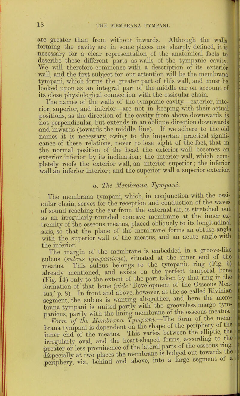 are greater than from without inwards. Although the walls forming the cavity are in some places not sharply denned, it is 3 necessary for a clear representation of the anatomical facts to describe these different parts as walls of the tympanic cavity. 0 We will therefore commence with a description of its exterior ■wall, and the first subject for our attention will be the membrana j tympani, which forms the greater part of this wall, and must be \ looked upon as an integral part of the middle ear on account of 1 its close physiological connection with the ossicular chain. The names of the walls of the tympanic cavity—exterior, inte- j rior, superior, and inferior—are not in keeping with then actual positions, as the direction of the cavity from above downwards is 1 not perpendicular, but extends in an oblique direction downwards j and inwards (towards the middle line). If we adhere to the old | names it is necessary, owing to the important practical signifi- cance of these relations, never to lose sight of the fact, that in 1 the normal position of the head the exterior wall becomes an ] exterior inferior by its inclination; the interior wall, which com- j pletely roofs the exterior wall, an mterior superior; the inferior wall an inferior interior; and the superior wall a superior exterior. a. TJie Membrana Tympani. The membrana tympani, which, in conjunction with the ossi-I cular chain, serves for the reception and conduction of the waves , of sound reaching the ear from the external air, is stretched out i as an irregularly-rounded concave membrane at the inner ex- j tremity of the osseous meatus, placed obliquely to its longitudinal j axis, so that the plane of the membrane forms an obtuse angle j with the superior wall of the meatus, and an acute angle with j the inferior. The margin of the membrane is embedded in a groove-like sulcus (sulcus tympanicus), situated at the inner end of the meatus. This sulcus belongs to the tympanic ring (Fig. 6) already mentioned, and exists on the perfect temporal _ bone (Fig. 14) only to the extent of the part taken by that ring in the formation of that bone (vide ' Development of the Osseous Mea- j tus' p. 8). In front and above, however, at the so-called Rivinian segment, the sulcus is wanting altogether, and here the mem- brana tympani is united partly with the grooveless margo tym- panicus, partly with the lining membrane of the osseous meatus. Form of the Membrana Tympani.—The form of the mem- brana tympani is dependent on the shape of the periphery ot the inner end of the meatus. This varies between the elliptic, the. irregularly oval, and the heart-shaped forms, according to tne greater or less prominence of the lateral parts of the osseous rmg. Especially at two places the membrane is bulged out towards the periphery, viz, behind and above, into a large segment of I