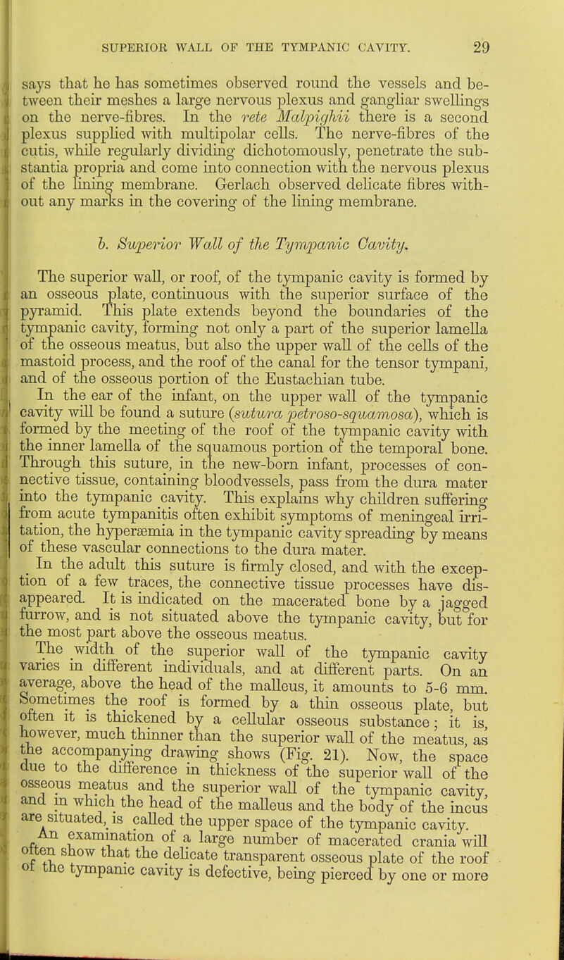 says that he has sometimes observed round the vessels and be- tween then* meshes a large nervous plexus and gangliar swellings on the nerve-fibres. In the rete Malpighii there is a second plexus supplied with multipolar cells. The nerve-fibres of the cutis, while regularly dividing dichotomously, penetrate the sub- stantia propria and come into connection with the nervous plexus of the lining membrane. Gerlach observed delicate fibres with- out any marks in the covering of the lining membrane. b. Superior Wall of the Tympanic Cavity. The superior wall, or roof, of the tympanic cavity is formed by an osseous plate, continuous with the superior surface of the pyramid. This plate extends beyond the boundaries of the tympanic cavity, forming not only a part of the superior lamella of the osseous meatus, but also the upper wall of the cells of the mastoid process, and the roof of the canal for the tensor tympani, and of the osseous portion of the Eustachian tube. In the ear of the infant, on the upper wall of the tympanic cavity will be found a suture (sutura petroso-squamosa), which is formed by the meeting of the roof of the tympanic cavity with the inner lamella of the squamous portion of the temporal bone. Through this suture, in the new-born infant, processes of con- nective tissue, containing bloodvessels, pass from the dura mater into the tympanic cavity. This explains why children suffering from acute tympanitis often exhibit symptoms of meningeal irri- tation, the hyperemia in the tympanic cavity spreading by means of these vascular connections to the dura mater. _ In the adult this suture is firmly closed, and with the excep- tion of a few traces, the connective tissue processes have dis- appeared. It is indicated on the macerated bone by a jagged furrow, and is not situated above the tympanic cavity, but for the most part above the osseous meatus. The width of the superior wall of the tympanic cavity varies m different individuals, and at different parts. On an average, above the head of the malleus, it amounts to 5-6 mm. Sometimes the roof is formed by a thin osseous plate, but often it is thickened by a cellular osseous substance; it is however, much thinner than the superior waU of the meatus as the accompanying drawing shows (Fig. 21). Now, the space due to the difference m thickness of the superior wall of the osseous meatus and the superior wall of the tympanic cavity, and in which the head of the maUeus and the body of the incus are situated^ is called the upper space of the tympanic cavity. An examination of a large number of macerated crania will oiten show that the delicate transparent osseous plate of the roof ot tne tympanic cavity is defective, being pierced by one or more