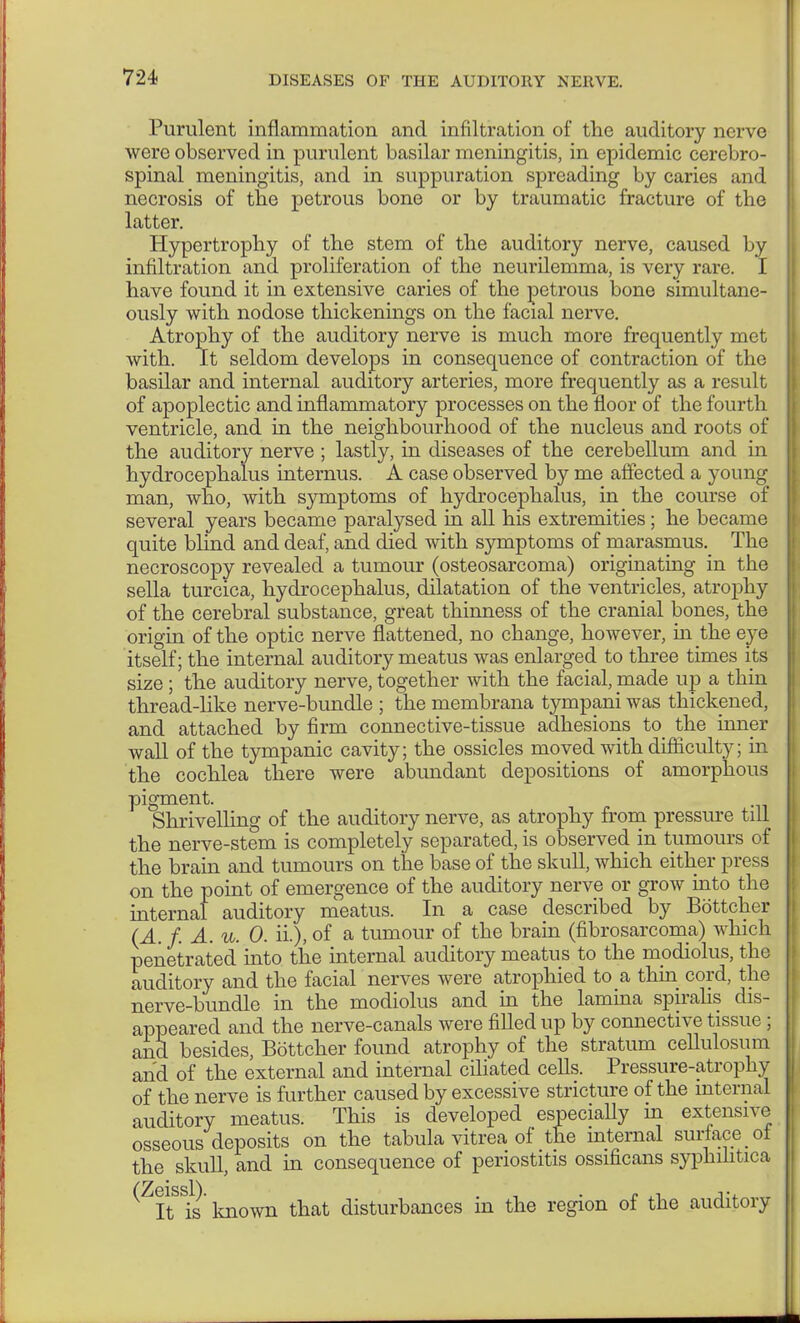 Purulent inflammation and infiltration of the auditory nerve were observed in purulent basilar meningitis, in epidemic cerebro- spinal meningitis, and in suppuration spreading by caries and necrosis of the petrous bone or by traumatic fracture of the latter. Hypertrophy of the stem of the auditory nerve, caused by infiltration and proliferation of the neurilemma, is very rare. I have found it in extensive caries of the petrous bone simultane- ously with nodose thickenings on the facial nerve. Atrophy of the auditory nerve is much more frequently met with. It seldom develops in consequence of contraction of the basilar and internal auditory arteries, more frequently as a result of apoplectic and inflammatory processes on the floor of the fourth ventricle, and in the neighbourhood of the nucleus and roots of the auditory nerve ; lastly, in diseases of the cerebellum and in hydrocephalus internus. A case observed by me affected a young man, who, with symptoms of hydrocephalus, in the course of several years became paralysed in all his extremities; he became quite blind and deaf, and died with symptoms of marasmus. The necroscopy revealed a tumour (osteosarcoma) originating in the sella turcica, hydrocephalus, dilatation of the ventricles, atrophy of the cerebral substance, great thinness of the cranial bones, the origin of the optic nerve flattened, no change, however, hi the eye itself; the internal auditory meatus was enlarged to three times its size; the auditory nerve, together with the facial, made up a thin thread-like nerve-bundle ; the membrana tympani was thickened, and attached by firm connective-tissue adhesions to_ the inner wall of the tympanic cavity; the ossicles moved with difficulty; in the cochlea there were abundant depositions of amorphous pigment. Shrivelling of the auditory nerve, as atrophy from pressure till the nerve-stem is completely separated, is observed in tumours of the brain and tumours on the base of the skull, which either press on the point of emergence of the auditory nerve or grow into the internal auditory meatus. In a case described by Böttcher (A. f. A. u. 0. ii.), of a tumour of the brain (fibrosarcoma) which penetrated into the internal auditory meatus to the modiolus, the auditory and the facial nerves were atrophied to a thin cord, the nerve-bundle in the modiolus and in the lamina spiralis dis- appeared and the nerve-canals were filled up by connective tissue; and besides, Böttcher found atrophy of the stratum cellulosum and of the external and internal ciliated cells. Pressure-atrophy of the nerve is further caused by excessive stricture of the internal auditory meatus. This is developed especially in extensive osseous deposits on the tabula vitrea of the mternal surface of the skull, and in consequence of periostitis ossificans syphilitica It Sis known that disturbances in the region of the auditory
