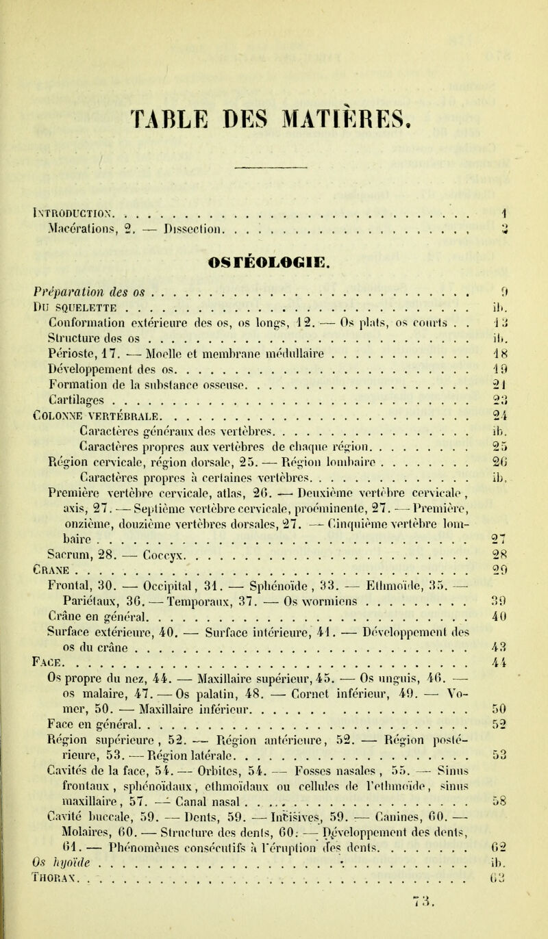 TABLE DES MATIÈRES. Introduction 1 Macérations, 2, — Dissection. . . , , 3 OSrÉOLOGIE. Préparation des os 9 DlJ SQUELETTE il». Conformation extérieure des os, os longs, 12. — Os plats, os courts . . i ;i Structure dos os il». Périoste, 17. •— Moelle et membrane médullaire 18 Développement des os 19 Formation de la substance osseuse 21 Cartilages 2;» Colonne vertébrale 2 4 Caractères généraux des vertèbres ib. Caractères propres aux vertèbres de chaque région 25 Région cervicale, région dorsale, 25. — Région lombaire 20 Caractères propres à certaines vertèbres ib. Première vertèbre cervicale, atlas, 20. — Deuxième vertèbre cervicale, axis, 27. — Septième vertèbre cervicale, proéminente, 27. —Première, onzième, douzième vertèbres dorsales, 27. — Cinquième vertèbre lom- baire 27 Sacrum, 28. — Coccyx 28 Crâne 29 Frontal, 30. — Occipital, 31. — Sphénoïde , 33. — Ethmoïde, 35. — Pariétaux, 36. — Temporaux, 37. —Os wormiens 39 Crâne en général 40 Surface extérieure, 40. — Surface intérieure, 41. -— Développement des os du crâne 43 Face 4 4 Os propre du nez, 44. — Maxillaire supérieur, 45. — Os unguis, 46. — os malaire, 47. — Os palatin, 48. —■ Cornet inférieur, 49. —■ Yo- mer, 50. — Maxillaire inférieur 50 Face en général 52 Région supérieure, 52. — Région antérieure, 52. — Région posté- rieure, 53.—Région latérale 53 Cavités de la face, 54. — Orbites, 54. — Fosses nasales , 55. — Sinus frontaux, sphénoïdaux, ethmoïdaux ou cellules de l'ethmoïde, sinus maxillaire, 57. — Canal nasal 58 Cavité buccale, 59. —Dents, 59. —Incisives, 59. •— Canines, 00. — Molaires, 60. — Structure des dents, 00; — Développement des dents, 61. — Phénomènes consécutifs à l'éruption <fos dents 62 Os hyoïde *. ib. Thorax 03 7 H.