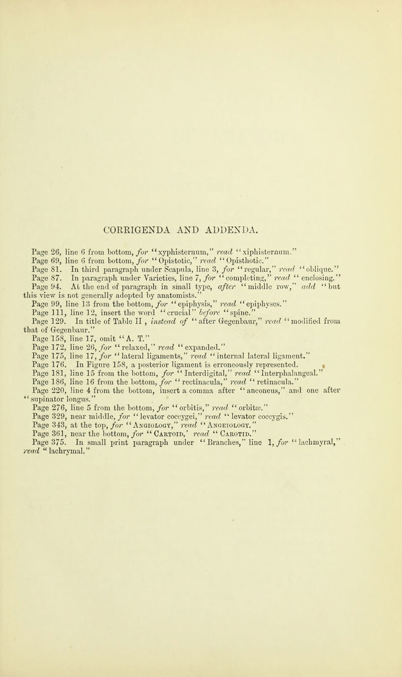CORRIGENDA AND ADDENDA. Page 26, line 6 from bottom, for “ xyphisternum, ” read “ xiphisternum.” Page 69, line 6 from bottom, for “ Opistotic,” read “ Opisthotic.” Page 81. In third paragraph under Scapula, line 3, for “regular,” read “oblique.” Page 87. In paragraph under Varieties, line 7, for “completing,” read “ enclosing.” Page 94. At the end of paragraph in small type, after “middle row,” add “but this view is not generally adopted by anatomists.” Page 99, line 13 from the bottom, for “epiphysis,” read “epiphyses.” Page 111, line 12, insert the word “crucial” before “spine.” Page 129. In title of Table II , instead of “after Gegenbaur,” read “modified from that of Gegenbaur.” Page 158, line 17, omit “A. T.” Page 172, line 26, for “relaxed,” read “expanded.” Page 175, line 17, for “lateral ligaments,” read “internal lateral ligament.” Page 176. In Figure 158, a posterior ligament is erroneously represented. Page 181, line 15 from the bottom, for “ Interdigital, ” read “ Interphalangeal. ” Page 186, line 16 from the bottom, for “ rectinacula, ” read “retinacula.” Page 220, line 4 from the bottom, insert a comma after “anconeus,” and one after “ supinator longus.” Page 276, line 5 from the bottom, for “ orbitis,” read “ orbitee.” Page 329, near middle, for “levator coccygei,” read “ levator coccygis.” Page 343, at the top, for “ Angiology, ” read “ Angeiology. ” Page 361, near the bottom, for “Cartoid,’ read “ Carotid.” Page 375. In small print paragraph under “ Branches,” line 1, for “lachmyral,” read “lachrymal.”
