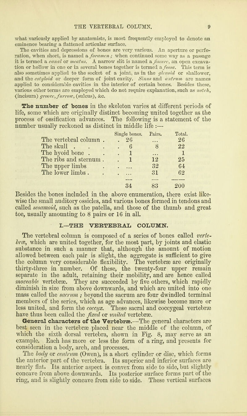 what variously applied by anatomists, is most frequently employed to denote an eminence bearing- a flattened articular surface. The cavities and depressions of bones are very various. An aperture or perfo¬ ration, when short, is named a foramen ; when continued some way as a passage it is termed a canal or meatus. A narrow slit is named a fissure, an open excava¬ tion or hollow in one or in several bones together is termed a fossa. This term is also sometimes applied to the socket of a joint, as in the glenoid or shallower, and the cotyloid or deeper form of joint cavity. Sinus and antrum are names applied to considerable cavities in the interior of certain bones. Besides these, various other terms are employed which do not require explanation, such as notch, (incisura) groove, furrow, (sulcus), &c. The number of bones in the skeleton varies at different periods of life, some which are originally distinct becoming united together as the process of ossification advances. The following is a statement of the number usually reckoned as distinct in middle life :— The vertebral column . Single bones. . 26 Pairs. Total. 26 The skull . . 6 *8 22 The hyoid bone . . 1 1 The ribs and sternum . 1 12 25 The upper limbs 32 64 The lower limbs . 31 62 34 83 200 Besides the bones included in the above enumeration, there exist like¬ wise the small auditory ossicles, and various bones formed in tendons and called sesamoid, such as the patella, and those of the thumb and great toe, usually amounting to 8 pairs or 16 in all. I.—THE VERTEBRAL COLUMN I The vertebral column is composed of a series of bones called verte- brce, which are united together, for the most part, by joints and elastic substance in such a manner that, although the amount of motion allowed between each pair is slight, the aggregate is sufficient to give the column very considerable flexibility. The vertebrae are originally thirty-three in number. Of these, the twenty-four upper remain separate in the adult, retaining their mobility, and are hence called moveable vertebrae. They are succeeded by five others, which rapidly diminish in size from above downwards, and which are united into one mass called the sacrum ; beyond the sacrum are four dwindled terminal members of the series, which as age advances, likewise become more or less united, and form the coccyx. These sacral and coccygeal vertebrae have thus been called the fixed or united vertebrae. Genera,! characters of tlie Vertebrae.—The general characters are best seen in the vertebrae placed near the middle of the column, of which the sixth dorsal vertebra, shown in Fig. 8, may serve as an example. Each has more or less the form of a ring, and presents for consideration a body, arch, and processes. The body or centrum (Owen), is a short cylinder or disc, which forms the anterior part of the vertebra. Its superior and inferior surfaces are nearly flat. Its anterior aspect is convex from side to side, but slightly concave from above downwards. Its posterior surface forms part of the ring, and is slightly concave from side to side. These vertical surfaces