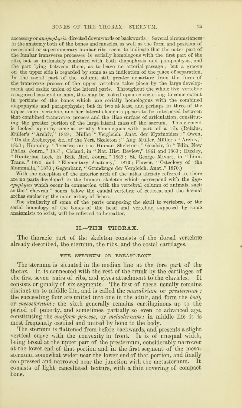 accessory or anapophysis, directed downwards or backwards. Several circumstances in the anatomy both of the bones and muscles, as well as the form and position of occasional or supernumerary lumbar ribs, seem to indicate that the outer part of the lumbar transverse processes is serially homologous with the first part of the ribs, but so intimately combined with both diapophysis and parapophysis, and the part lying between them, as to leave no arterial passage ; but a groove on the upper side is regarded by some as an indication of the place of separation. In the sacral part of the column still greater departure from the form of the transverse process of the upper vertebras takes place by the large develop¬ ment and ossific union of the lateral parts. Throughout the whole five vertebrae recognised as sacral in man, this may be looked upon as occurring to some extent in portions of the bones which are serially homologous with the combined diapophysis and parapophysis; but in two at least, and perhaps in three of the upper sacral vertebras, another lateral element appears to be interposed between that combined transverse process and the iliac surface of articulation, constitut¬ ing the greater portion of the large lateral mass of the sacrum. This element is looked upon by some as serially homologous with part of a rib. (Retzius, Muller’s “Archiv,” 1849; Muller “ Yergleich. Anat. der Myxinoiden Owen, “ On the Archetype, &c., of the Vert. Skeleton ; ” Aug. Muller, Muller s “ Archiv,” 1853 ; Humphry, “ Treatise on the Human Skeleton; ” Goodsir, in “ Edin. New Philos. Journ.,” 1857 ; Cleland, in “ Nat. Hist. Review,” 1861 and 1863 ; Huxley, “ Hunterian Lect. in Brit. Med. Journ.,” 1869 ; St. George Mivart, in “ Linn. Trans.,” 1870, and “ Elementary Anatomy,” 1873 ; Flower, “ Osteology of the Mammalia,” 1870 ; Gegenbaur, “ Grundzuge der Vergleich. Anat.,” 1870.) With the exception of the anterior arch of the atlas already referred to, there are no parts developed in the human skeleton which correspond with the hyp- apophyses which occur in connection with the vertebral column of animals, such as the “ chevron ” bones below the caudal vertebrae of cetacea, and the haemal arches enclosing the main artery of fishes. The similarity of some of the parts composing the skull to vertebrae, or the serial homology of the bones of the head and vertebrae, supposed by some anatomists to exist, will be referred to hereafter. II.—THE THORAX. The thoracic part of the skeleton consists of the dorsal vertebras already described, the sternum, the ribs, and the costal cartilages. THE STERNUM OR BREAST-BONE. The sternum is situated in the median line at the fore part of the thorax. It is connected with the rest of the trunk by the cartilages of the first seven pairs of ribs, and gives attachment to the clavicles. It consists originally of six segments. The first of these usually remains distinct up to middle life, and is called the manubrium or presternum ; the succeeding four are united into one in the adult, and form the body or mesosiernum: the sixth generally remains cartilaginous up to the period of puberty, and sometimes partially so even to advanced age, constituting the ensiform process, or metasternum: in middle life it is most frequently ossified and united by bone to the body. The sternum is flattened from before backwards, and presents a slight vertical curve with the convexity in front. It is of unequal width, being broad at the upper part of the presternum, considerably narrower at the lower end of that portion and in the first segment of the meso- sternum, somewhat wider near the lower end of that portion, and finally compressed and narrowed near the junction with the metasternum. It consists of fight cancellated texture, with a thin covering of compact bone.