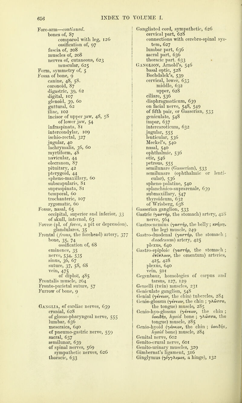 Eore-arm—continued. bones of, 87 compared with leg, 126 ossification of, 97 fascia of, 208 muscles of, 208 nerves of, cutaneous, 623 muscular, 625 Form, symmetry of, 5 Fossa of bone, 9 canine, 48, 58. coronoid, 87 digastric, 39, 62 digital, 107 glenoid, 39, 60 guttural, 62 iliac, 102 incisor of upper jaw, 48, 58 of lower jaw, 54 infraspin ata, 81 intercondylar, 109 iscliio-rectal, 327 jugular, 40 iachrymalis, 36, 60 myrtiform, 48 navicular, 44 olecranon, 87 pituitary, 42 pterygoid, 44 spheno-maxillary, 60 subscapularis, 81 supraspinata, 81 temporal, 60 trochanteric, 107 zygomatic, 60 Fossae, nasal, 65 occipital, superior and inferior, 33 of skull, internal, 63 Foveae (pi. of fovea, a pit or depression), glandulares, 35 Frontal {frons, the forehead) artery, 377 bone, 35, 74 ossification of, 68 eminence, 35 nerve, 534, 535 sinus, 36, 67 suture, 3 7, 58, 68 vein, 475 of diploe, 485 Frontalis muscle, 264 Fronto-parietal suture, 57 Furrow of bone, 9 Ganglia, of cardiac nerves, 639 cranial, 628 of glosso-pharyngeal nerve, 555 lumbar, 636 meseraica, 640 of pneumo-gastric nerve, 559 sacral, 637 semilunar, 639 of spinal nerves, 569 sympathetic nerves, 626 thoracic, 633 ! Gangliated cord, sympathetic, 626 cervical part, 628 connections with cerebro-spinal sys¬ tem, 627 lumbar part, 636 sacral part, 636 thoracic part. 633 Ganglion, Arnold’s, 546 basal optic, 528 Bochdalek’s, 539 cervical, lower, 633 middle, 632 upper, 628 eiliare, 536 diaphragmaticum, 639 on facial nerve, 548, 549 of fifth pair, or Gasserian, 533 geniculate, 548 impar, 637 intercaroticum, 632 jugular, 555 lenticular, 536 Meckel’s, 540 nasal, 540 ophthalmic, 536 j otic, 546 j petrous, 555 semilunare (Gasserian), 533 semilunare (ophthalmic or lenti¬ cular), 536 spheno-palatine, 540 splanchnico-suprarenale, 639 submaxillary, 547 thyroideum, 632 ofWrisberg, 638 Gasserian ganglion, 533 Gastric (yaarr]p, the stomach) artery, 42S nerve, 564 Gastrocnemius (yaar-fjp, the belly; nurjy.ri, the leg) muscle, 249 Gastro-duodenal {yaarrip, the stomach ; duodenum) artery, 425 plexus, 640 Gastro-epiploic (yatrr-fip, the stomach ; iirinAoov, the omentum) arteries, 425, 428 plexus, 640 vein, 501 Gegenbaur, homologies of carpus and tarsus, 127, 129 Gemelli (twin) muscles, 231 Geniculate ganglion, 548 Genial {yevsiov, the chin) tubercles, 284 Genio-glossus (yeveiov, the chin ; yAuxraa, the tongue) muscle, 285 Genio-hyo-glossus (yeveiov, the chin ; voeidiis, hyoid bone ; yAcocraa, the tongue) muscle, 285 Genio-hyoid (74veiov, the chin ; voetS'fc, hyoid bone) muscle, 284 Genital nerve, 602 Genito-crural nerve, 601 Genito-urinary muscles, 329 Gimbernat’s ligament, 316 ! Ginglymus (yiyyAvyos, a hinge), 132