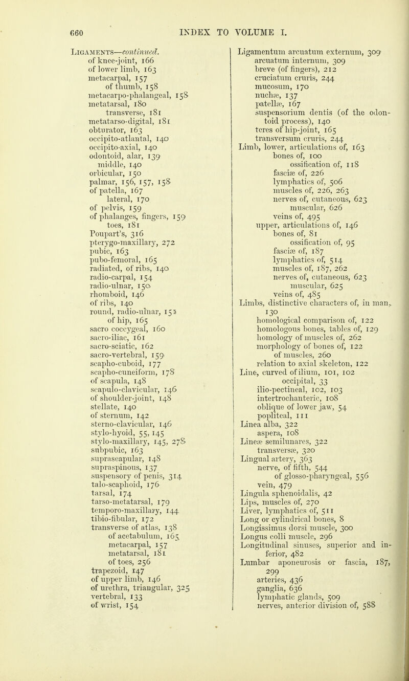 Ligaments—continued. of knee-joint, 166 of lower limb, 163 metacarpal, 157 of thumb, 158 metacarpo-phalangeal, 158 metatarsal, 180 transverse, 181 metatarso-digital, 181 obturator, 163 occipito-atlantal, 140 occipito-axial, 140 odontoid, alar, 139 middle, 140 orbicular, 150 palmar, 156, 157, 158 of patella, 167 lateral, 170 of pelvis, 159 of phalanges, fingers, 159 toes, 181 Poupart’s, 316 pterygo-maxillary, 272 pubic, 163 pubo-femoral, 165 radiated, of ribs, 140 radio-carpal, 154 radio-ulnar, 15CV rhomboid, 146 of ribs, 140 round, radio-ulnar, 153 of hip, 165 sacro coccygeal, 160 sacro-iliac, 161 sacro-sciatic, 162 sacro-vertebral, 159 scapho-cuboid, 177 scapho-cuneiform, 178 of scapula, 148 scapulo-clavicular, 146 of shoulder-joint, 148 stellate, 140 of sternum, 142 sterno-clavicular, 146 stylo-hyoid, 55,145 stylo-maxillary, 145, 27S subpubic, 163 suprascapular, 148 supraspinous, 137 suspensory of penis, 314 talo-scaphoid, 176 tarsal, 174 tarso-metatarsal, 179 temporo-maxillai'y, 144 tibio-fibular, 172 transverse of atlas, 138 of acetabulum, 165, metacarpal, 157 metatarsal, 181 of toes, 256 trapezoid, 147 of upper limb, 146 of urethra, triangular, 325 vertebral, 133 of wrist, 154 Ligamentum arcuatum externum, 309 arcuatum internum, 309 breve (of fingers), 212 cruciatum cruris, 244 mucosum, 170 nucha, 137 patellae, 167 suspensorium dentis (of the odon¬ toid process), 140 teres of hip-joint, 165 transversum cruris, 244 Limb, lower, articulations of, 163 bones of, 100 ossification of, 118 fasciae of, 226 lymphatics of, 506 muscles of, 226, 263 nerves of, cutaneous, 623 muscular, 626 veins of, 495 upper, articulations of, 146 bones of, 81 ossification of, 95 fasciae of, 187 lymphatics of, 514 muscles of, 187, 262 nerves of, cutaneous, 623 muscular, 625 veins of, 485 Limbs, distinctive characters of, in man, 130 homological comparison of, 122 homologous bones, tables of, 129 homology of muscles of, 262 morphology of bones of, 122 of muscles, 260 relation to axial skeleton, 122 Line, curved of ilium, 101, 102 occipital, 33 ilio-pectineal, 102, 103 intertrochanteric, 108 oblique of lower jaw, 54 popliteal, hi Linea alba, 322 aspera, 108 Line® semilunares, 322 transversse, 320 Lingual artery, 363 nerve, of fifth, 544 of glosso-pharyngeal, 556 vein, 479 Lingula sphenoidalis, 42 Lips, muscles of, 270 Liver, lymphatics of, 511 Long or cylindrical bones, 8 Longissimus dorsi muscle, 300 Longus colli muscle, 296 Longitudinal sinuses, superior and in¬ ferior, 482 Lumbar aponeurosis or fascia, 187, 299 arteries, 436 ganglia, 636 lymphatic glands, 509 nerves, anterior division of, 588