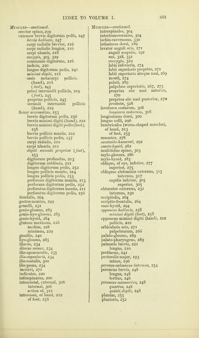 Muscles— continued. erector spince, 299 extensor brevis digitorum pedis, 247 brevis hallucis, 247 carpi radialis brevior, 216 carpi radialis longior, 216 carpi ulnaris, 218 coccygis, 305, 329 communis digitorum, 216 indicis, 220 longus digitorum pedis, 246 minimi digiti, 218 ossis metacarpi pollicis (hand), 218 (foot), 245 primi internodii pollicis, 219 (foot), 245 proprius pollicis, 245 secundi internodii pollicis (hand), 219 liexor accessorius, 253 brevis digitorum pedis, 256 brevis minimi digiti (hand), 222 brevis minimi digiti pedis (foot), 258 brevis pollicis manus, 222 brevis pollicis pedis, 257 carpi radialis, 210 carpi ulnaris, 211 digiti secundi proprius (foot), 253 digitorum profundus, 213 digitorum sublimis, 211 longus digitorum pedis, 252 longus pollicis manus, 214 longus pollicis pedis, 253 perforans digitorum manus, 213 perforans digitorum pedis, 252 perforatus digitorum mantis, 211 perforatus digitorum pedis, 256 frontalis, 264 gastrocnemius, 249 gemelli, 231 genio-glossus, 285 genio-hyo-glossus, 285 genio-hyoid, 284 gluteus maximus, 228 medius, 228 minimus, 229 gracilis, 240 hyo-glossus, 285 iliacus, 234 iliacus minor, 234 ilio-aponeurotic, 235 ilio-capsularis, 234 ilio-costalis, 300 ilio-psoas, 234 incisivi, 271 indicator, 220 infraspinatus, 200 intercostal, external, 306 internal, 306 action of, 312 interossei, of hand, 222 of foot, 258 Muscles—continued. interspinales, 304 intertransversales, 304 ischio-cavernosus, 330 latissimus dorsi, 189 levator anguli oris, 271 anguli scapulae, 192 ani, 328, 331 coccygis, 329 labii inferioris, 274 labii superioris proprius, 271 labii superioris alaeque nasi, 269 menti, 274 palati, 289 palpebrse superioris, 267, 275 proprius alee nasi anterior, 270 proprius alse nasi posterior, 270 prostates, 328 levatores costarum, 308 longiores costarum, 308 longissimus dorsi, 300 longus colli, 296 lumbricales (worm-shaped muscles), of hand, 213 of foot, 253 masseter, 278 mastoido-humeml, 292 mento-hyoid, 282 multilidus spinas, 303 mylo-glossus, 286 mylo-hyoid, 283 oblique, of eye, inferior, 277 superior, 275 obliquus abdominis externus, 315 internus, 317 capitis inferior, 305 superior, 305 obturator externus, 231 internus, 230 occipitalis, 264 occipito-frontalis, 264 omo-hyoid, 294 opponens hallucis, 258 minimi digiti (foot), 258 opponens minimi digiti (hand), 222 pollicis, 222 orbicularis oris, 271 palpebrarum, 266 palato-glossus, 289 palato-pharyngeus, 289 palmaris brevis, 221 longus, 210 pectineus, 241 pectoralis major, 193 minor, 196 peroneo-calcaneus internus, 254 peroneus brevis, 248 longus, 248 tertius, 246 peroneus accessorius, 248 quartus, 248 quinti digiti, 248 plantar, 255 plantaris, 252