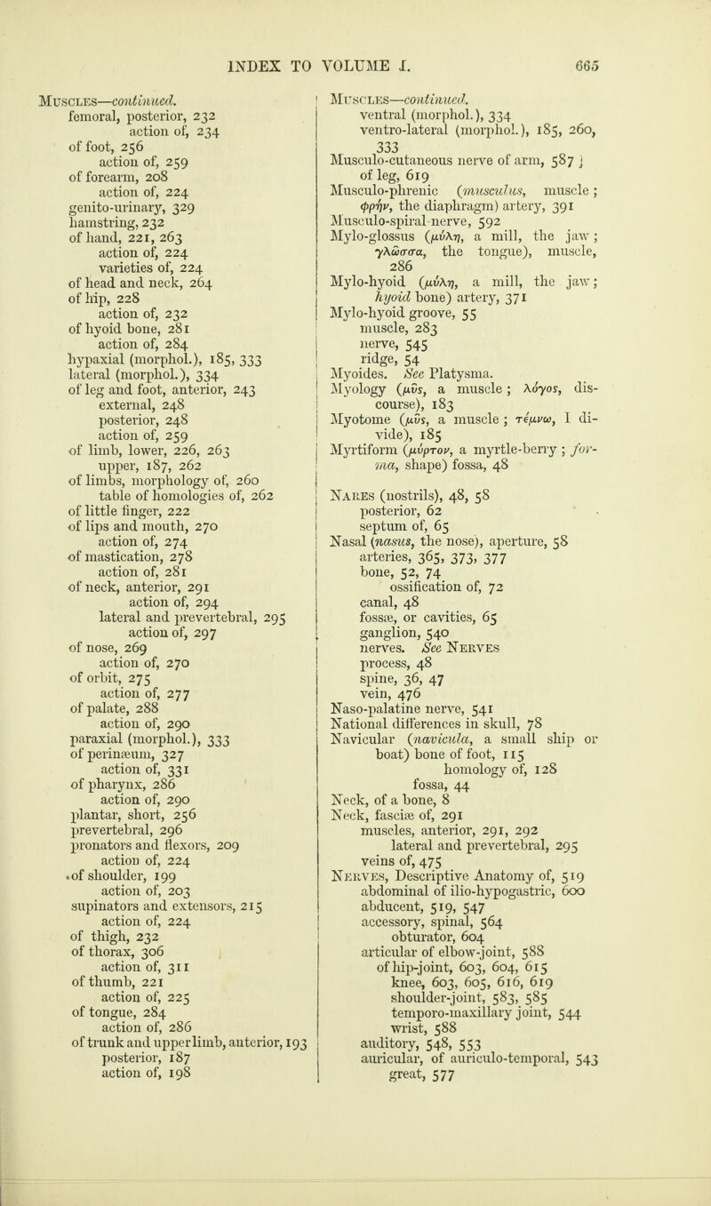 Muscles—continued. femoral, posterior, 232 action of, 234 of foot, 256 action of, 259 of forearm, 208 action of, 224 genito-urinary, 329 hamstring, 232 of hand, 221, 263 action of, 224 varieties of, 224 of head and neck, 264 of hip, 228 action of, 232 of hyoid bone, 281 action of, 284 hypaxial (morphol.), 185, 333 lateral (morphol.), 334 of leg and foot, anterior, 243 external, 248 posterior, 248 action of, 259 of limb, lower, 226, 263 upper, 187, 262 of limbs, morphology of, 260 table of homologies of, 262 of little finger, 222 of lips and mouth, 270 action of, 274 of mastication, 278 action of, 281 of neck, anterior, 291 action of, 294 lateral and prevertebral, 295 action of, 297 of nose, 269 action of, 270 of orbit, 275 action of, 277 of palate, 288 action of, 290 paraxial (morphol.), 333 of perimeum, 327 action of, 331 of pharynx, 286 action of, 290 plantar, short, 256 prevertebral, 296 pronators and flexors, 209 action of, 224 .of shoulder, 199 action of, 203 supinators and extensors, 215 action of, 224 of thigh, 232 of thorax, 306 action of, 311 of thumb, 221 action of, 225 of tongue, 284 action of, 286 of trunk and upperlimb, anterior, 193 posterior, 187 action of, 198 1 Muscles—continued. ventral (morphol.), 334 ventro-lateral (morphol.), 185, 260, 333 Musculo-cutaneous nerve of arm, 587 j of leg, 619 Musculo-phrenic (musculus, muscle ; (pp-fiv, the diaphragm) artery, 391 Musculo-spiral nerve, 592 Mylo-glossus (/au/\.77, a mill, the jaw; y\w(Tcra, the tongue), muscle, 286 Mylo-hyoid (/tvA.77, a mill, the jaw; hyoid bone) artery, 371 Mylo-hyoid groove, 55 muscle, 283 nerve, 545 ! ridge, 54 I Myoides. See Platysma. Myology (p-vs, a muscle; Aoyos, dis¬ course), 183 j Myotome (fids, a muscle ; refivw, I di¬ vide), 185 j Myrtiform (yvprov, a myrtle-berry ; for¬ ma, shape) fossa, 48 ! Nares (nostrils), 48, 58 posterior, 62 septum of, 65 Nasal (nasus, the nose), aperture, 58 arteries, 365, 373, 377 bone, 52, 74 ossification of, 72 canal, 48 fossae, or cavities, 65 ganglion, 540 nerves. See Nerves process, 48 spine, 36, 47 vein, 476 Naso-palatine nerve, 541 National differences in skull, 78 Navicular (navicula, a small ship or boat) bone of foot, 115 homology of, 128 fossa, 44 Neck, of a bone, 8 Neck, fasciae of, 291 muscles, anterior, 291, 292 lateral and prevertebral, 295 veins of, 475 Nerves, Descriptive Anatomy of, 519 abdominal of ilio-hypogastric, 600 abducent, 519, 547 accessory, spinal, 564 obturator, 604 articular of elbow-joint, 588 of hip-joint, 603, 604, 615 knee, 603, 605, 616, 619 shoulder-joint, 583, 585 temporo-maxillary joint, 544 wrist, 588 auditory, 548, 553 auricular, of auriculo-temporal, 543 great, 577