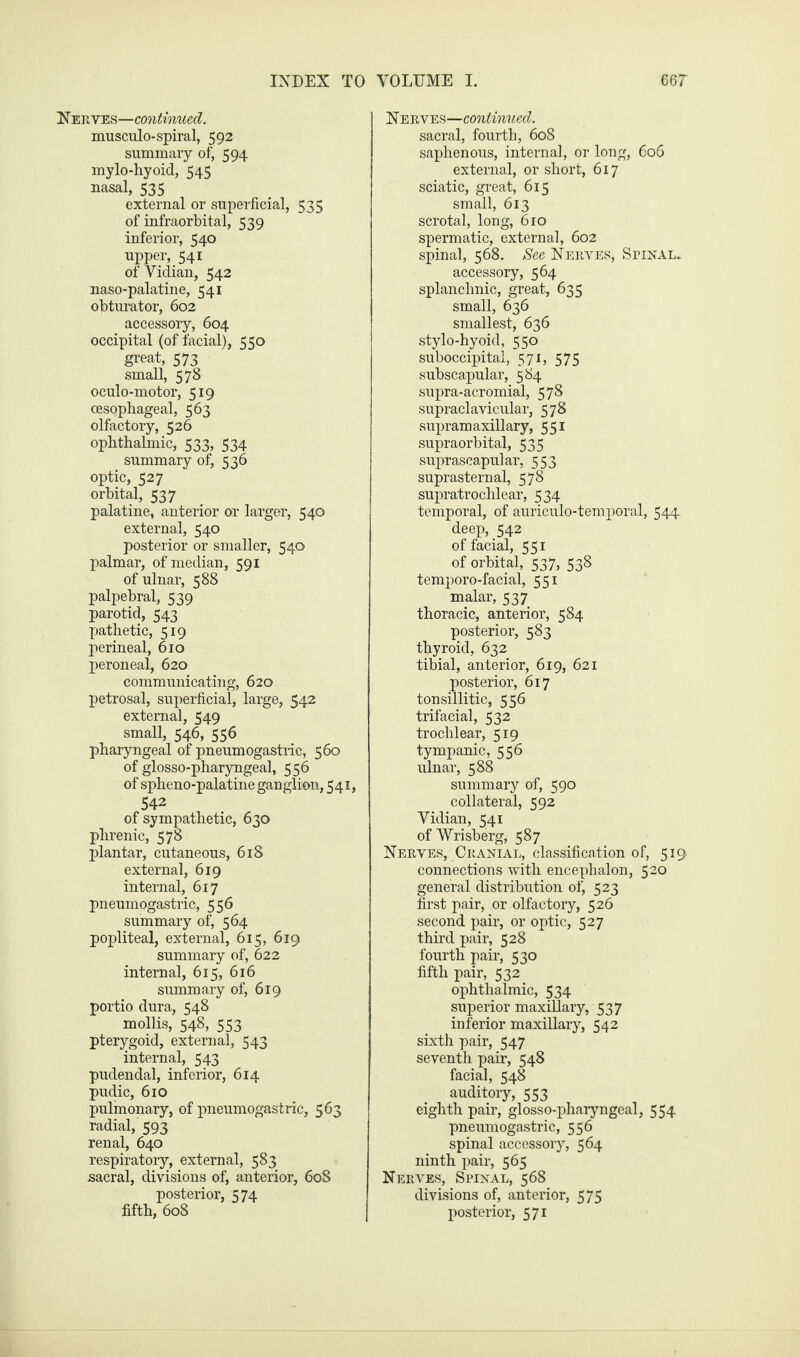 Nerves—continued. musculo-spiral, 592 summary of, 594 mylo-hyoid, 545 nasal, 535 external or superficial, 535 of infraorbital, 539 inferior, 540 upper, 541 of Vidian, 542 naso-palatine, 541 obturator, 602 accessory, 604 occipital (of facial), 550 great, 573 small, 578 oculo-motor, 519 oesophageal, 563 olfactory, 526 ophthalmic, 533, 534 summary of, 536 optic, 527 orbital, 537 palatine, anterior or larger, 540 external, 540 posterior or smaller, 540 palmar, of median, 591 of ulnar, 588 palpebral, 539 parotid, 543 pathetic, 519 perineal, 610 peroneal, 620 communicating, 620 petrosal, superficial, large, 542 external, 549 small, 546, 556 pharyngeal of pneumogastric, 560 of glosso-pharyngeal, 556 of spheno-palatineganglion,54i, 542 of sympathetic, 630 phrenic, 578 plantar, cutaneous, 618 external, 619 internal, 617 pneumogastric, 556 summary of, 564 popliteal, external, 615, 619 summary of, 622 internal, 615, 616 summary of, 619 portio dura, 548 mollis, 548, 553 pterygoid, external, 543 internal, 543 pudendal, inferior, 614 pudic, 610 pulmonary, of pneumogastric, 563 radial, 593 renal, 640 respiratory, external, 583 sacral, divisions of, anterior, 60S posterior, 574 fifth, 608 Nerves—continued. sacral, fourth, 608 saphenous, internal, or long, 606 external, or short, 617 sciatic, great, 615 small, 613 scrotal, long, 610 spermatic, external, 602 spinal, 568. See Nerves, Spinal. accessory, 564 splanchnic, great, 635 small, 636 smallest, 636 stylo-hyoid, 550 suboccipital, 571, 575 subscapular, 584 supra-acromial, 578 supraclavicular, 578 supramaxillary, 551 supraorbital, 535 suprascapular, 553 suprasternal, 578 supratrochlear, 534 temporal, of auriculo-temporal, 544 deep, 542 of facial, 551 of orbital, 537, 538 temporo-facial, 551 malar, 537 thoracic, anterior, 584 posterior, 583 thyroid, 632 tibial, anterior, 619, 621 posterior, 617 tonsillitic, 556 trifacial, 532 trochlear, 519 tympanic, 556 ulnar, 588 summary of, 590 collateral, 592 Vidian, 541 of Wrisberg, 587 Nerves, Cranial, classification of, 519. connections with encephalon, 520 general distribution of, 523 first pair, or olfactory, 526 second pair, or optic, 527 third pair, 528 fourth pair, 530 fifth pair, 532 ophthalmic, 534 superior maxillary, 537 inferior maxillary, 542 sixth pair, 547 seventh pair, 548 facial, 548 auditory, 553 eighth pair, glosso-pharyngeal, 554 pneumogastric, 556 spinal accessory, 564 ninth pair, 565 Nerves, Spinal, 568 divisions of, anterior, 575 posterior, 571