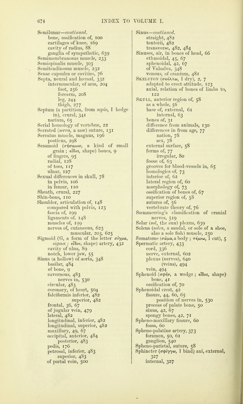 Semilunar—continued. bone, ossification of, ioo cartilages of knee, 169 cavity of radius, 88 ganglia of sympathetic, 639 Semimembranosus muscle, 233 Semispinalis muscle, 303 Semitendinosus muscle, 232 Sense capsules or cavities, 76 Septa, neural and haemal, 332 intermuscular, of arm, 204 foot, 256 forearm, 208 leg, 244 thigh, 277 Septum (a partition, from sepio, I hedge in), crural, 341 narium, 65 Serial homology of vertebrae, 22 Serrated (serra, a saw) suture, 131 Serratus muscle, magnus, 196 posticus, 298 Sesamoid (o-^aa/xov, a kind of small grain ; elSos, shape) bones, 9 of fingers, 95 radial, 128 of toes, 117 ulnar, 127 Sexual differences in skull, 78 in pelvis, 106 in femur, no Sheath, crural, 227 Shin-bone, no Shoulder, articulation of, 148 compared with pelvis, 123 fascia of, 199 ligaments of, 148 muscles of, 199 nerves of, cutaneous, 623 muscular, 203, 625 Sigmoid (G, a form of the letter alyp-a, sigma,; eJSos, shape) artery, 432 cavity of ulna, 89 notch, lower jaw, 55 Sinus (a hollow) of aorta, 348 basilar, 484 of bone, 9 cavernous, 483 nerves in, 530 circular, 483 coronary, of heart, 504 falciformis inferior, 482 superior, 482 frontal, 36, 67 of jugular vein, 479 lateral, 4.82 longitudinal, inferior, 482 longitudinal, superior, 482 maxillary, 49, 67 occipital, anterior, 484 posterior, 483 pedis, 176 petrosal, inferior, 483 superior, 483 of portal vein, 500 Sinus—continued. straight, 482 tentorii, 482 transverse, 482, 484 Sinuses, air, in bones of head, 66 ethmoidal, 45, 67 sphenoidal, 42, 67 of Valsalva, 348 venous, of cranium, 481 Skeleton (o-KeWw, I dry), 2, 7 adapted to erect attitude, 123 axial, relation of bones of limbs to, 122 Skull, anterior region of, 58 as a whole, 56 base of, external, 61 internal, 63 bones of, 31 difference from animals, 130 differences in from age, 77 nation, 78 sex, 78 external surface, 58 forms of, 77 irregular, 80 fossae of, 63 grooves for blood-vessels in, 65 homologies of, 73 interior of, 62 lateral region of, 60 morphology of, 73 ossification of bones of, 67 superior region of, 58 sutures of, 56 vertebrate theory of, 76 Soemmerring’s classification of cranial nerves, 519 Solar (sol, the sun) plexus, 639 Soleus (solea, a sandal, or sole of a shoe, also a sole fish) muscle, 250 Somatome (au/j.a,a, body ; re/ij/w, I cut), 5 Spermatic artery, 433 cord, 336 nerve, external, 602 plexus (nerves), 640 (veins), 494 vein, 494 Sphenoid (<T(pT]v, a wedge ; elSos, shape) bone, 41 ossification of, 70 Sphenoidal crest, 42 fissure, 44, 60, 65 position of nerves in, 530 process of palate bone, 50 sinus, 42, 67 spongy bones, 42, 71 Spheno-maxillary fissure, 60 fossa, 60 Spheno-palatine artery, 373 foramen, 50, 61 ganglion, 540 Spheno-parietal, suture, 58 Sphincter (o-cpLyyw, I bind) ani, external, 327 internal, 327