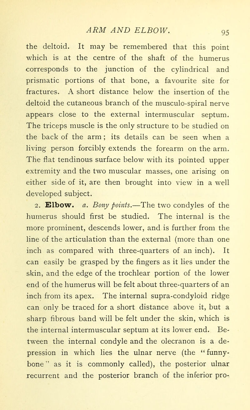 the deltoid. It may be remembered that this point which is at the centre of the shaft of the humerus corresponds to the junction of the cyhndrical and prismatic portions of that bone, a favourite site for fractures. A short distance below the insertion of the deltoid the cutaneous branch of the musculo-spiral nerve appears close to the external intermuscular septum. The triceps muscle is the only structure to be studied on the back of the arm ; its details can be seen when a living person forcibly extends the forearm on the arm. The flat tendinous surface below with its pointed upper extremity and the two muscular masses, one arising on either side of it, are then brought into view in a well developed subject. 2. Elbow, a. Bony points.—The two condyles of the humerus should first be studied. The internal is the more prominent, descends lower, and is further from the line of the articulation than the external (more than one inch as compared with three-quarters of an inch). It can easily be grasped by the fingers as it lies under the skin, and the edge of the trochlear portion of the lower end of the humerus will be felt about three-quarters of an inch from its apex. The internal supra-condyloid ridge can only be traced for a short distance above it, but a sharp fibrous band will be felt under the skin, which is the internal intermuscular septum at its lower end. Be- tween the internal condyle and the olecranon is a de- pression in which lies the ulnar nerve (the funny- bone  as it is commonly called), the posterior ulnar recurrent and the posterior branch of the inferior pro-