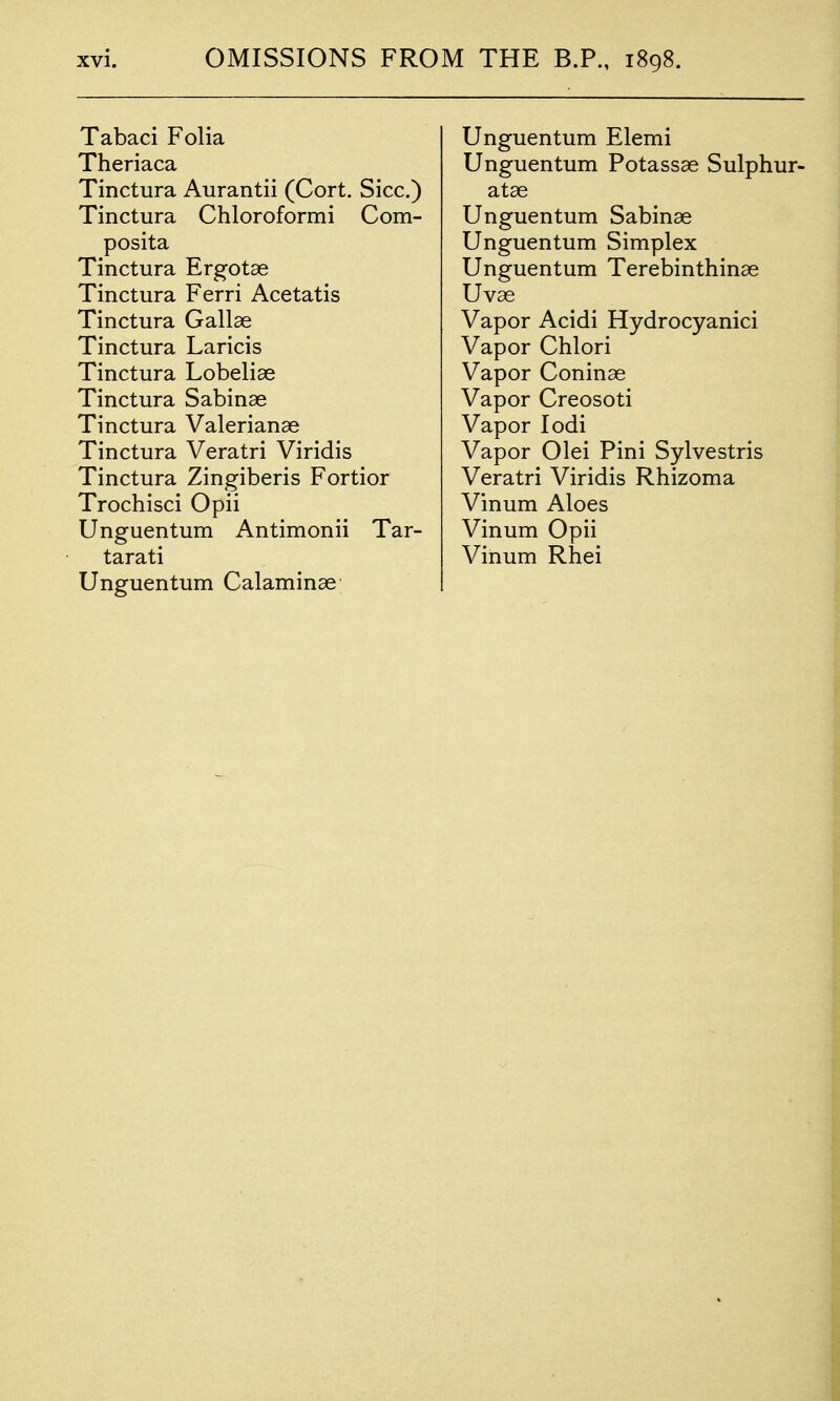 Tabaci Folia Theriaca Tinctura Aurantii (Cort. Sice.) Tinctura Chloroformi Com- posita Tinctura Ergotae Tinctura Ferri Acetatis Tinctura Gallae Tinctura Laricis Tinctura Lobeliae Tinctura Sabinae Tinctura Valerianae Tinctura Veratri Viridis Tinctura Zingiberis Fortior Trochisci Opii Unguentum Antimonii Tar- tarati Unguentum Calaminae Unguentum Elemi Unguentum Potassae Sulphur- atae Unguentum Sabinae Unguentum Simplex Unguentum Terebinthinae Uvae Vapor Acidi Hydrocyanici Vapor Chlori Vapor Coninae Vapor Creosoti Vapor lodi Vapor Olei Pini Sylvestris Veratri Viridis Rhizoma Vinum Aloes Vinum Opii Vinum Rhei