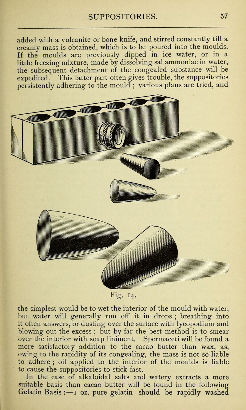 added with a vulcanite or bone knife, and stirred constantly till a creamy mass is obtained, which is to be poured into the moulds. If the moulds are previously dipped in ice water, or in a little freezing mixture, made by dissolving sal ammoniac in water, the subsequent detachment of the congealed substance will be expedited. This latter part often gives trouble, the suppositories persistently adhering to the mould ; various plans are tried, and Fig. 14. the simplest would be to wet the interior of the mould with water, but water will generally run off it in drops ; breathing into it often answers, or dusting over the surface with lycopodium and blowing out the excess ; but by far the best method is to smear over the interior with soap liniment. Spermaceti will be found a more satisfactory addition to the cacao butter than wax, as, owing to the rapidity of its congealing, the mass is not so liable to adhere ; oil applied to the interior of the moulds is liable to cause the suppositories to stick fast. In the case of alkaloidal salts and watery extracts a more suitable basis than cacao butter will be found in the following Gelatin Basis :—I oz. pure gelatin should be rapidly washed