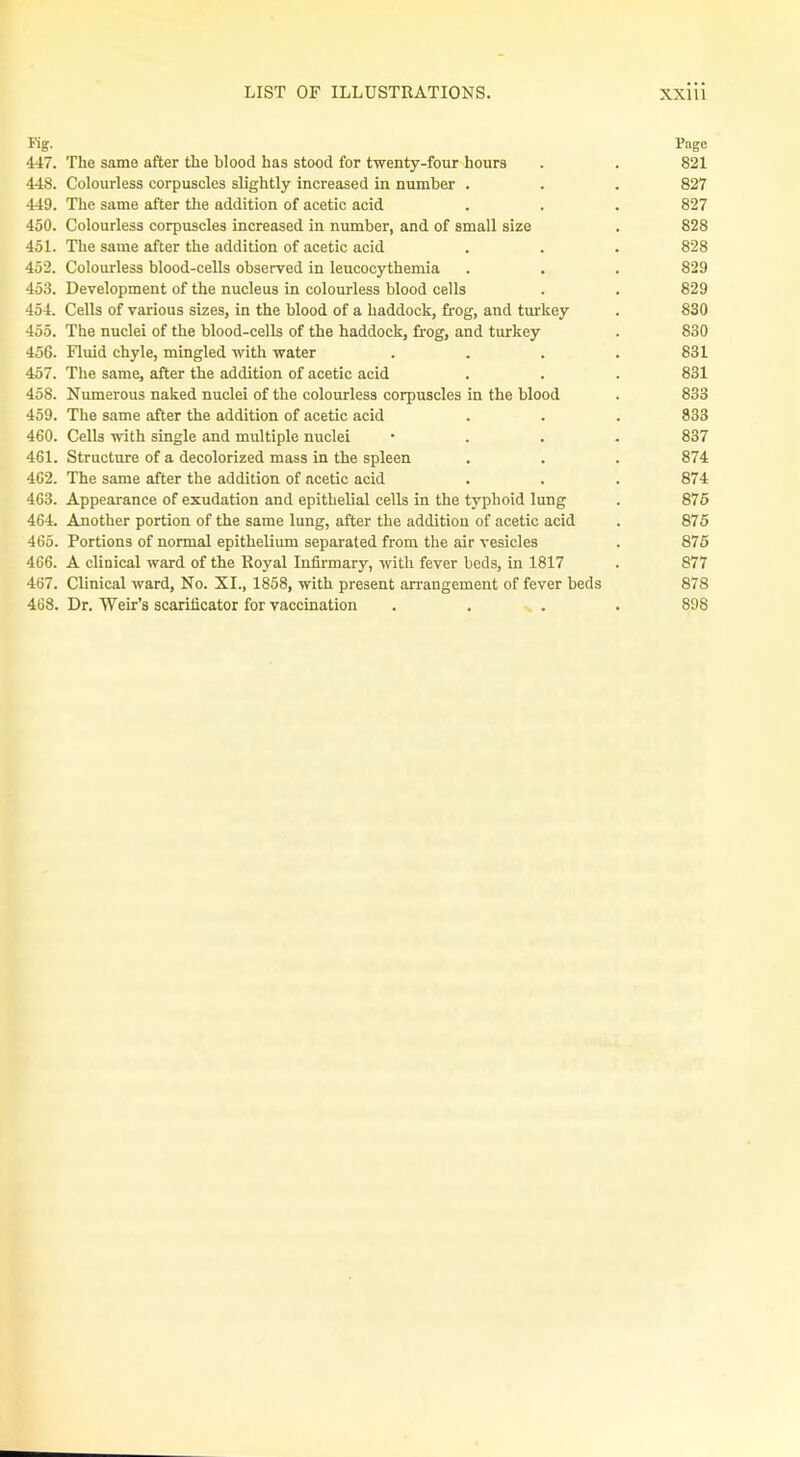 Fig. Page 447. The same after the blood has stood for twenty-four hours . . 821 448. Colourless corpuscles slightly increased in number . . . 827 449. The same after the addition of acetic acid . . . 827 450. Colourless corpuscles increased in number, and of small size . 828 451. The same after the addition of acetic acid . . . 828 452. Colourless blood-cells observed in leucocythemia . . . 829 453. Development of the nucleus in colourless blood cells . . 829 454. Cells of various sizes, in the blood of a haddock, frog, and turkey . 830 455. The nuclei of the blood-cells of the haddock, frog, and turkey . 830 456. Fluid chyle, mingled with water .... 831 457. The same, after the addition of acetic acid . . . 831 458. Numerous naked nuclei of the colourless corpuscles in the blood . 833 459. The same after the addition of acetic acid . . . 833 460. Cells with single and multiple nuclei • 837 461. Structure of a decolorized mass in the spleen . . . 874 462. The same after the addition of acetic acid . . . 874 463. Appearance of exudation and epithelial cells in the typhoid lung . 875 464. Another portion of the same lung, after the addition of acetic acid . 875 465. Portions of normal epithelium separated from the air vesicles . 875 466. A clinical ward of the Royal Infirmary, with fever beds, in 1817 . 877 467. Clinical ward, No. XI., 1858, with present arrangement of fever beds 878 468. Dr. Weir's scarificator for vaccination .... 898