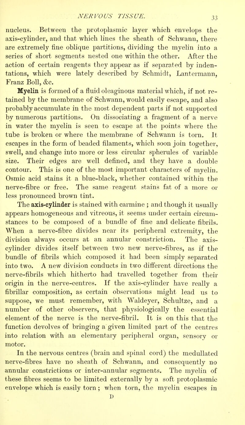 nucleus. Between the protoplasmic layer which envelops the axis-cylinder, and that which lines the sheath of Schwann, there are extremely fine oblique partitions, dividing the myelin into a series of short segments nested one within the other. After the action of certain reagents they appear as if separated by inden- tations, which were lately described by Schmidt, Lantermann, Franz Boll, &c. Myelin is formed of a fluid oleaginous material which, if not re- tained by the membrane of Schwann, would easily escape, and also probably accumulate in the most dependent parts if not supported by numerous partitions. On dissociating a fragment of a nerve in water the myelin is seen to escape at the points where the tube is broken or where the membrane of Schwann is torn. It escapes in the form of beaded filaments, which soon join together, swell, and change into more or less circular spherules of variable size. Their edges are well defined, and they have a double contour. This is one of the most important characters of myelin. Osmic acid stains it a blue-black, whether contained within the nerve-fibre or free. The same reagent stains fat of a more or less pronounced brown tint. The axis-cylinder is stained with carmine ; and though it usually appears homogeneous and vitreous, it seems under certain circum- stances to be composed of a bundle of fine and delicate fibrils. When a nerve-fibre divides near its peripheral extremity, the division always occurs at an annular constriction. The axis- cylinder divides itself between two new nerve-fibres, as if the bundle of fibrils which composed it had been simply separated into two. A new division conducts in two different directions the nerve-fibrils which hitherto had travelled together from their origin in the nerve-centres. If the axis-cylinder have really a fibrillar composition, as certain observations might lead us to suppose, we must remember, with Waldeyer, Schultze, and a number of other observers, that physiologically the essential element of the nerve is the nerve-fibril. It is on this that the function devolves of bringing a given limited part of the centres into relation with an elementary peripheral organ, sensory or motor. In the nervous centres (brain and spinal cord) the medullated nerve-fibres have no sheath of Schwann, and consequently no annular constrictions or inter-annular segments. The myelin of these fibres seems to be limited externally by a soft protoplasmic envelope which is easily torn ; when torn, the myelin escapes in D