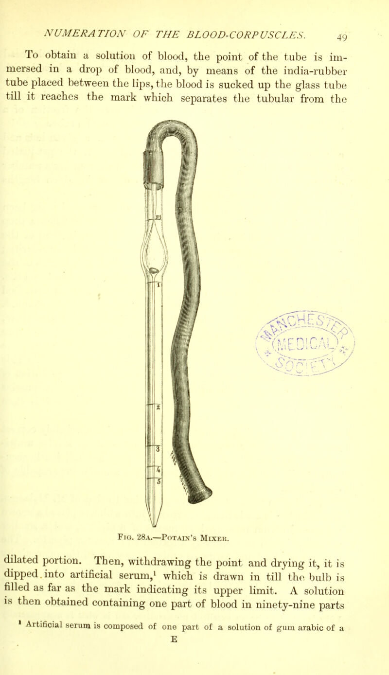 To obtain a solution of blood, the point of the tube is im- mersed in a drop of blood, and, by means of the india-rubber tube placed between the lips, the blood is sucked up the glass tube till it reaches the mark which separates the tubular from the Fig. 28a.—Potain's Mixer. dilated portion. Then, withdrawing the point and drying it, it is dipped into artificial serum,1 which is drawn in till the bulb is filled as far as the mark indicating its upper limit. A solution is then obtained containing one part of blood in ninety-nine parts 1 Artificial serum is composed of one part of a solution of gum arabic of a E