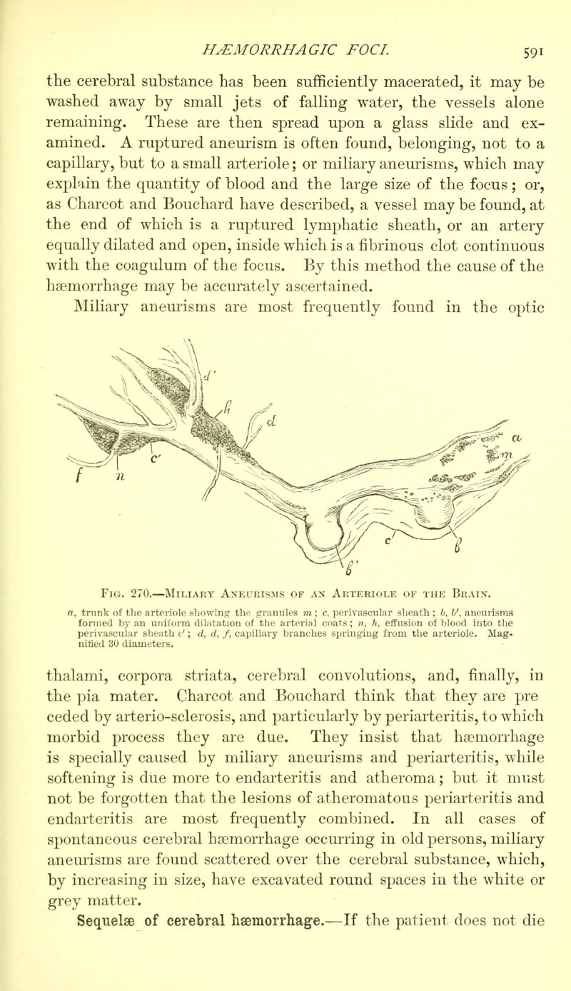 HEMORRHAGIC FOCI. the cerebral substance has been sufficiently macerated, it may be washed away by small jets of falling water, the vessels alone remaining. These are then spread upon a glass slide and ex- amined. A ruptured aneurism is often found, belonging, not to a capillary, but to a small arteriole ; or miliary aneurisms, which may explain the quantity of blood and the large size of the focus ; or, as Charcot and Bouchard have described, a vessel may be found, at the end of which is a ruptured lymphatic sheath, or an artery equally dilated and open, inside which is a fibrinous clot continuous with the coagulum of the focus. By this method the cause of the haemorrhage may be accurately ascertained. Miliary aneurisms are most frequently found in the optic Fig. 270.—Miliary Aneurisms of an Arteriole of the Brain. a, trunk of the arteriole showing the granules m ; c, perivascular sheath ; b, b', aneurisms formed by an uniform dilatation of the arterial coats ; n, h, effusion of blood into the perivascular sheath d ; d, d, f, capillary branches springing from the arteriole. Mag- nified 30 diameters. thalami, corpora striata, cerebral convolutions, and, finally, in the pia mater. Charcot and Bouchard think that they are pre ceded by arterio-sclerosis, and particularly by periarteritis, to which morbid process they are due. They insist that haemorrhage is specially caused by miliary aneurisms and periarteritis, while softening is due more to endarteritis and atheroma ; but it must not be forgotten that the lesions of atheromatous periarteritis and endarteritis are most frequently combined. In all cases of spontaneous cerebral haemorrhage occurring in old persons, miliary aneurisms are found scattered over the cerebral substance, which, by increasing in size, have excavated round spaces in the white or grey matter. Sequelae of cerebral haemorrhage.—If the patient does not die