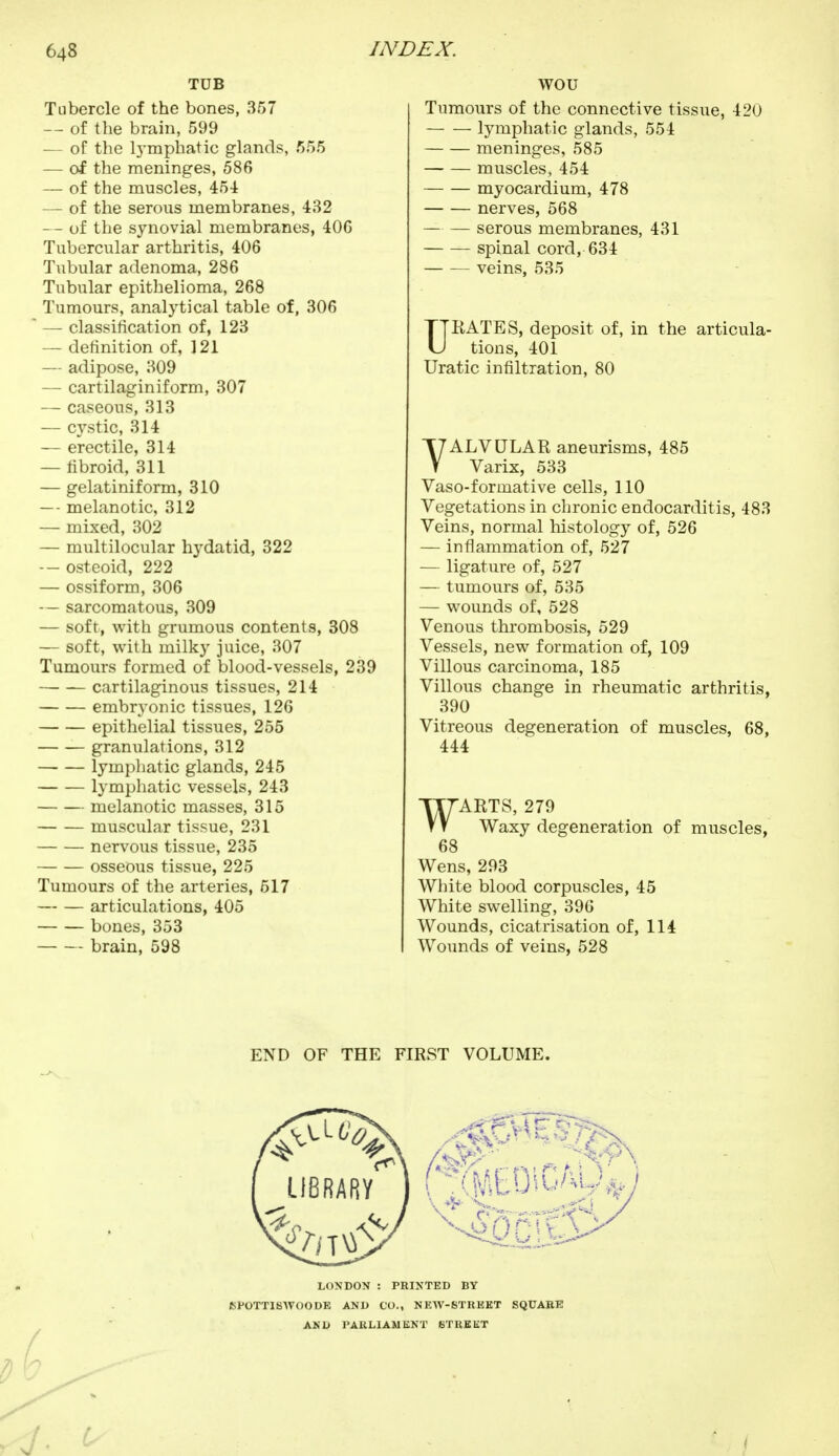 TUB Tubercle of the bones, 357 — of the brain, 599 — of the lymphatic glands, 555 — of the meninges, 586 — of the muscles, 454 — of the serous membranes, 432 — of the synovial membranes, 406 Tubercular arthritis, 406 Tubular adenoma, 286 Tubular epithelioma, 268 Tumours, analytical table of, 306 — classification of, 123 — definition of, 121 — adipose, 309 — cartilaginiform, 307 — caseous, 313 — cystic, 314 — erectile, 314 — fibroid, 311 — gelatiniform, 310 — - melanotic, 312 — mixed, 302 — multilocular hydatid, 322 -- osteoid, 222 — ossiform, 306 — sarcomatous, 309 — soft, with grumous contents, 308 — soft, with milky juice, 307 Tumours formed of blood-vessels, 239 — — cartilaginous tissues, 214 embryonic tissues, 126 epithelial tissues, 255 — — granulations, 312 lymphatic glands, 245 lymphatic vessels, 243 melanotic masses, 315 muscular tissue, 231 nervous tissue, 235 osseous tissue, 225 Tumours of the arteries, 517 articulations, 405 bones, 353 brain, 598 WOU Tumours of the connective tissue, 420 lymphatic glands, 554 meninges, 585 muscles, 454 myocardium, 478 nerves, 568 — — serous membranes, 431 spinal cord, 634 veins, 535 URATES, deposit of, in the articula- tions, 401 Uratic infiltration, 80 YALVULAR aneurisms, 485 Varix, 533 Vaso-forinative cells, 110 Vegetations in chronic endocarditis, 483 Veins, normal histology of, 526 — inflammation of, 527 — ligature of, 527 — tumours of, 535 — wounds of, 528 Venous thrombosis, 529 Vessels, new formation of, 109 Villous carcinoma, 185 Villous change in rheumatic arthritis, 390 Vitreous degeneration of muscles, 68, 444 TT7ARTS, 279 VV Waxy degeneration of muscles, 68 Wens, 293 White blood corpuscles, 45 White swelling, 396 Wounds, cicatrisation of, 114 Wounds of veins, 528 END OF THE FIRST VOLUME. LONDON : PRINTED BY JSPOTTISWOODE AND CO., NEW-STREET SQUARE AND PARLIAMENT STREET