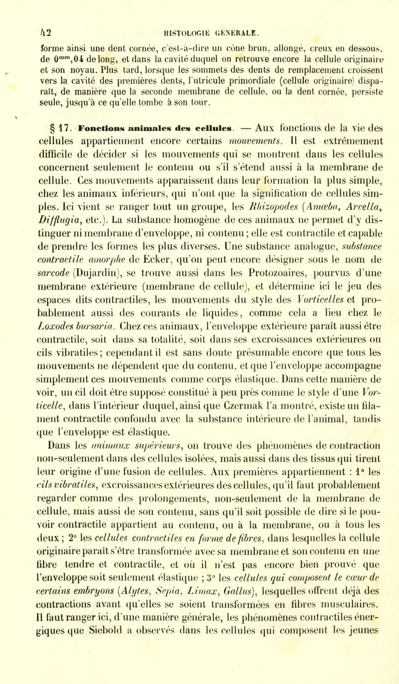 forme ainsi une dent cornée, c'est-à-dire un cône brun, allongé, creux en dessous, de 0mm,04 de long, et dans la cavité duquel on retrouve encore la cellule originaire et son noyau. Plus tard, lorsque les sommets des dents de remplacement croissent vers la cavité des premières dents, l'utricule primordiale (cellule originaire) dispa- raît, de manière que la seconde membrane de cellule, ou la dent cornée, persiste seule, jusqu'à ce quelle tombe à son tour. § 17. Fonctions animales des cellules. — Aux fonctions de la Vie des cellules appartiennent encore certains mouvements, 11 est extrêmement difficile de décider si les mouvements qui se montrent dans les cellules concernent seulement le contenu ou s'il s'étend aussi à la membrane de cellule. Ces mouvements apparaissent dans leur formation la plus simple, chez les animaux inférieurs, qui n'ont que la signification de cellules sim- ples. Ici vient se ranger tout un groupe, les Rhizopodes (Amœba, Ar ce lia, Difflugia, etc.). La substance homogène de ces animaux ne permet d'y dis- tinguer ni membrane d'enveloppe, ni contenu ; elle est contractile et capable de prendre les formes les plus diverses. Une substance analogue, substance contractile amorphe de Ecker, qu'on peut encore désigner sous le nom de sarcode (Dujardin), se trouve aussi dans les Protozoaires, pourvus d'une membrane extérieure (membrane de cellule), et détermine ici le jeu des espaces dits contractiles, les mouvements du style des Vorticelles et pro- bablement aussi des courants de liquides, comme cela a lieu chez le Loxodes bursaria. Chez ces animaux, l'enveloppe extérieure paraît aussi être contractile, soit dans sa totalité, soit dans ses excroissances extérieures ou cils vibratiles; cependant il est sans doute présumable encore que tous les mouvements ne dépendent que du contenu, et que l'enveloppe accompagne simplement ces mouvements comme corps élastique. Dans cette manière de voir, un cil doit être supposé constitué à peu près comme le style d'une Vor- ïicelle, dans l'intérieur duquel, ainsi que Czermak l'a montré, existe un fila- ment contractile confondu avec la substance intérieure de l'animal, tandis que l'enveloppe est élastique. Dans les animaux supérieurs, on trouve des phénomènes de contraction non-seulement dans des cellules isolées, mais aussi dans des tissus qui tirent leur origine d'une fusion de cellules. Aux premières appartiennent : 1° les cils vibratiles, excroissances extérieures des cellules, qu'il faut probablement regarder comme des prolongements, non-seulement de la membrane de cellule, mais aussi de son contenu, sans qu'il soit possible de dire si le pou- voir contractile appartient au contenu, ou à la membrane, ou à tous les deux ; 2° les cellules contractiles en forme de fibres, dans lesquelles la cellule originaire paraît s'être transformée avec sa membrane et son contenu en une fibre tendre et contractile, et où il n'est pas encore bien prouvé que l'enveloppe soit seulement élastique ; 3° les cellules qui composent le cœur de certains embryons (Alytes, Sepia, Limax, Gallus), lesquelles offrent déjà des contractions avant qu'elles se soient transformées en fibres musculaires. Il faut ranger ici, d'une manière générale, les phénomènes contractiles éner- giques que Siebold a observés dans les cellules qui composent les jeunes