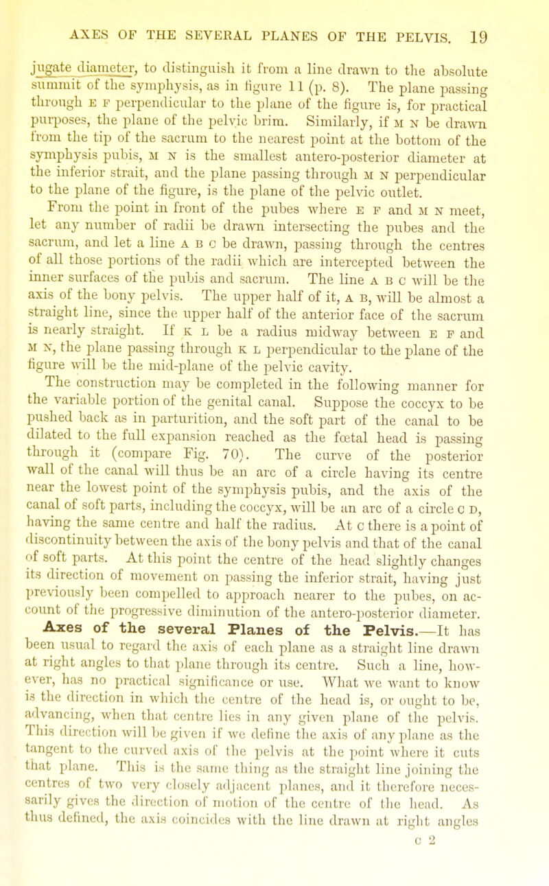 jugate diameter, to distinguish it from a line drawn to the absolute summit of the symphysis, as in figure 11 (p. 8). The plane passing through e f perpendicular to the plane of the figure is, for practical purposes, the plane of the pelvic brim. Similarly, if m n be drawn from the tip of the sacrum to the nearest point at the bottom of the symphysis pubis, m n is the smallest antero-posterior diameter at the inferior strait, and the plane passing through m n perpendicular to the plane of the figure, is the plane of the pelvic outlet. From the point in front of the pubes where E p and M n meet, let any number of radii be drawn intersecting the pubes and the sacrum, and let a line a b c be drawn, passing through the centres of all those portions of the radii which are intercepted between the inner surfaces of the pubis and sacrum. The line a b c will be the axis of the bony pelvis. The upper half of it, a b, will be almost a straight line, since the upper half of the anterior face of the sacrum is nearly straight. If k l be a radius midway between e f and M x, the plane passing through k l perpendicular to the plane of the figure will be the mid-plane of the pelvic cavity. The construction may be completed in the following manner for the variable portion of the genital canal. Suppose the coccyx to be pushed back as in parturition, and the soft part of the canal to be dilated to the full expansion reached as the foetal head is passing through it (compare Fig. 70). The curve of the posterior wall of the canal will thus be an arc of a circle having its centre near the lowest point of the symphysis pubis, and the axis of the canal of soft parts, including the coccyx, will be an arc of a circle c D, having the same centre and half the radius. At c there is a point of discontinuity between the axis of the bony pelvis and that of the canal of soft parts. At this point the centre of the head slightly changes its direction of movement on passing the inferior strait, having just previously been compelled to approach nearer to the pubes, on ac- count of the progressive diminution of the antero-posterior diameter. Axes of the several Planes of the Pelvis.—It has been usual to regard the axis of each plane as a straight line drawn at right angles to that plane through its centre. Such a line, how- ever, has no practical significance or use. What we want to know i3 the direction in which the centre of the head is, or ought to be, advancing, when that centre lies in any given plane of the pelvis. This direction will be given if we define the axis of any plane as the tangent to the curved axis of the pelvis at the point where it cuts that plane. This is the same tiling as the straight line joining the • •' litres of two very closely adjacent planes, and it therefore neces- sarily gives the direction of motion of the centre of the head. As thus defined, the axis coincides with the line drawn at right angles c 2