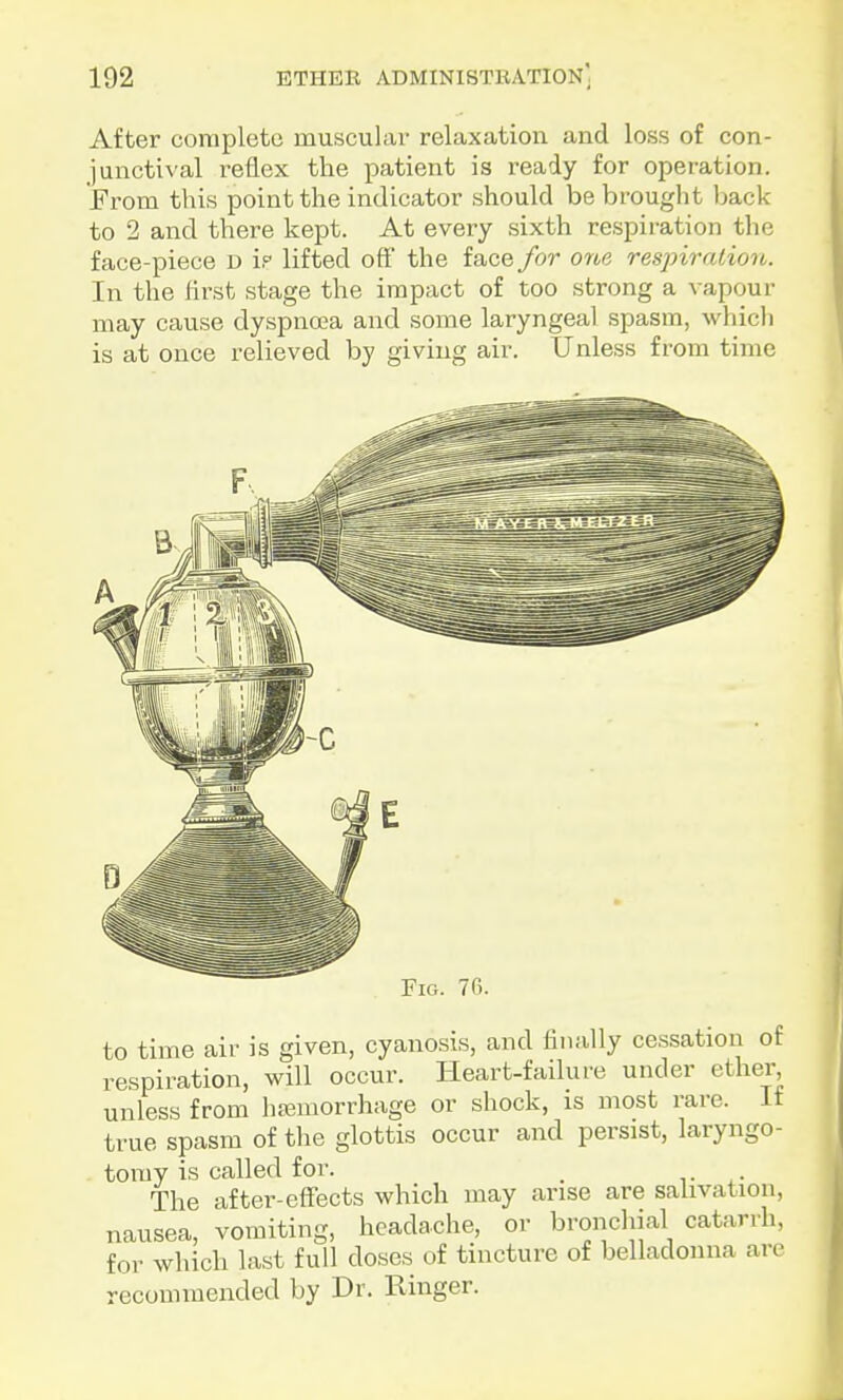 After complete muscular relaxation and loss of con- iunctival reflex the patient is ready for operation. From this point the indicator should be brought back to 2 and there kept. At every sixth respiration the face-piece d ip lifted off the face for one respiration. In the first stage the impact of too strong a vapour may cause dyspnoea and some laryngeal spasm, which is at once relieved by giving air. Unless from time to time air is given, cyanosis, and finally cessation of respiration, will occur. Heart-failure under ether unless from htemorrhage or shock, is most rare. It true spasm of the glottis occur and persist, laryngo- toray is called for. _ t .• The after-effects which may arise are salivation, nausea, vomiting, headache, or bronchial catarrh, for which last full doses of tincture of belladonna are recommended by Dr. Ringer.