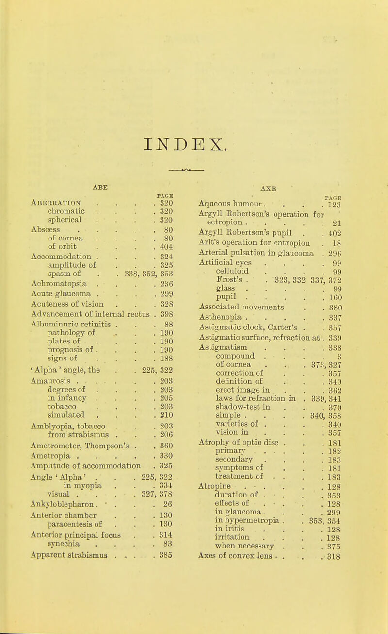 INDEX. ABE PASB Abekeation 320 chromatic 320 spherical 320 Abscess .... 80 of cornea 80 of orbit 404 Accommodation . 324 amplitude of 325 spasm of . . .S38, 352 353 Achromatopsia 236 Acute glaucoma . 299 Acuteness of vision 328 Advancement of internal rectus . 398 Albuminuric retinitis . 88 pathology of 190 plates of . . . 190 prognosis of . 190 signs of . . . 188 ' Alpha' angle, the 225, 322 Amaurosis 203 degrees of . 203 in infancy . 205 tobacco 203 simulated 210 Amblyopia, tobacco 203 from strabismus . 206 Ametrometer, Thompson's . 360 Ametropia .... 330 Amplitude of accommodation 325 Angle ' Alpha ' . 225, 322 in myopia 334 visual .... 327, 378 Ankyloblepharon. • . 26 Anterior chamber 130 paracentesis of 130 Anterior principal focus 314 synechia 83 Apparent strabismus . , . 385 AXE Aqueous humour. . . . 123 Argyll Eobertson's operation for ectropion 21 Argyll Robertson's pupil . . 402 Arlt's operation for entropion . 18 Arterial pulsation in glaucoma . 296 Artificial eyes . . . .99 celluloid . . . .99 Frost's . . 323, 332 337, 372 glass 99 pupil 160 Associated movements . . 380 Asthenopia 337 Astigmatic clock, Carter's . . 357 Astigmatic surface, refraction at. 33!) Astigmatism .... 338 compound .... 3 of cornea . . . 373,327 correction of . . .357 definition of ... 349 erect image in . . . 362 laws for refraction in . 339, 341 shadow-test in . . . 370 simple .... 340, 358 varieties of . . . . 340 vision in ... . 357 Atrophy of optic disc . . . 181 primary 182 secondary . . . .183 symptoms of , . . 181 treatment of . . . .183 Atropine . - . . . . 128 duration of . - . . . 353 effects of . • . . .128 in glaucoma. . . .299 in hypermetropia . . 353, 354 in iritis . . . .128 irritation .... 128 when necessary . . . 375 Axes of convex lens - . . . 318
