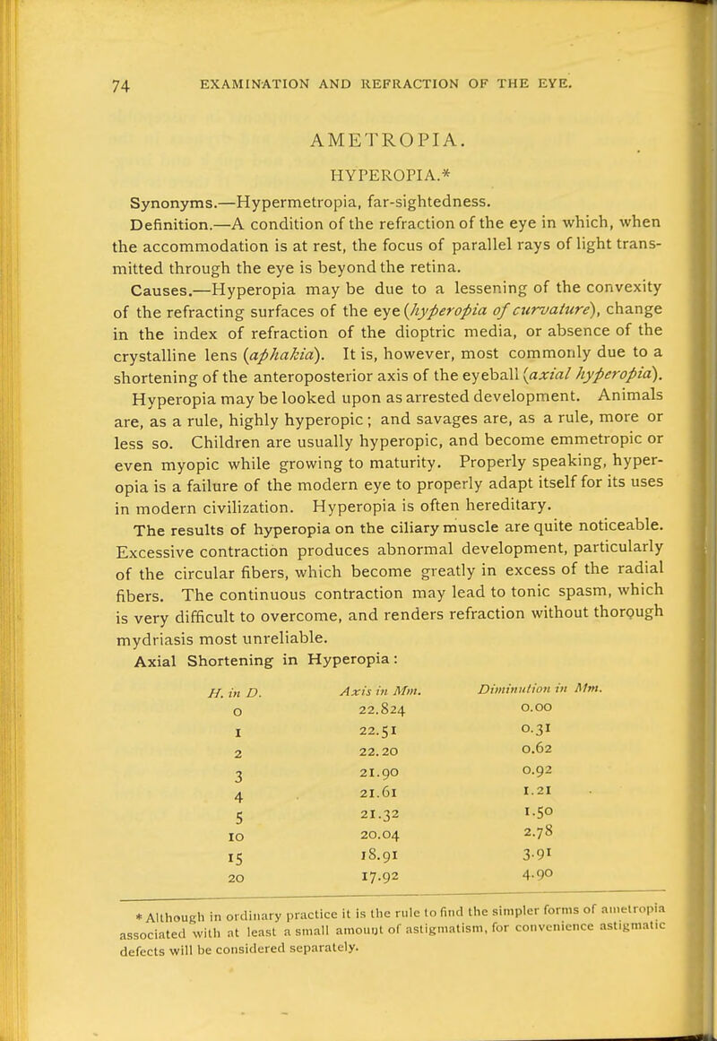 AMETROPIA. HYPEROPIA* Synonyms.—Hypermetropia, far-sightedness. Definition.—A condition of the refraction of the eye in which, when the accommodation is at rest, the focus of parallel rays of light trans- mitted through the eye is beyond the retina. Causes.—Hyperopia may be due to a lessening of the convexity of the refracting surfaces of the eye {hyperopia of ctirvaitire), change in the index of refraction of the dioptric media, or absence of the crystalline lens {aphakia). It is, however, most commonly due to a shortening of the anteroposterior axis of the eyeball {axial hyperopia). Hyperopia may be looked upon as arrested development. Animals are, as a rule, highly hyperopic; and savages are, as a rule, more or less so. Children are usually hyperopic, and become emmetropic or even myopic while growing to maturity. Properly speaking, hyper- opia is a failure of the modern eye to properly adapt itself for its uses in modern civihzation. Hyperopia is often hereditary. The results of hyperopia on the ciliary muscle are quite noticeable. Excessive contraction produces abnormal development, particularly of the circular fibers, which become greatly in excess of the radial fibers. The continuous contraction may lead to tonic spasm, which is very difficult to overcome, and renders refraction without thorgugh mydriasis most unreliable. Axial Shortening in Hyperopia: H. in D. Axis in Mm. Diminution in Mm. o 22.824 0.00 I 22.51 0.31 2 22.20 0.62 3 21.90 0.92 4 21.61 I.21 5 21.32 1.50 lO 20.04 2.78 IS 18.91 3-91 20 17.92 4.90 * Although in ordinary practice it is the rule to find the simpler forms of ametropia associated with at least a small amonijt of astigmatism, for convenience astigmatic defects will be considered separately.