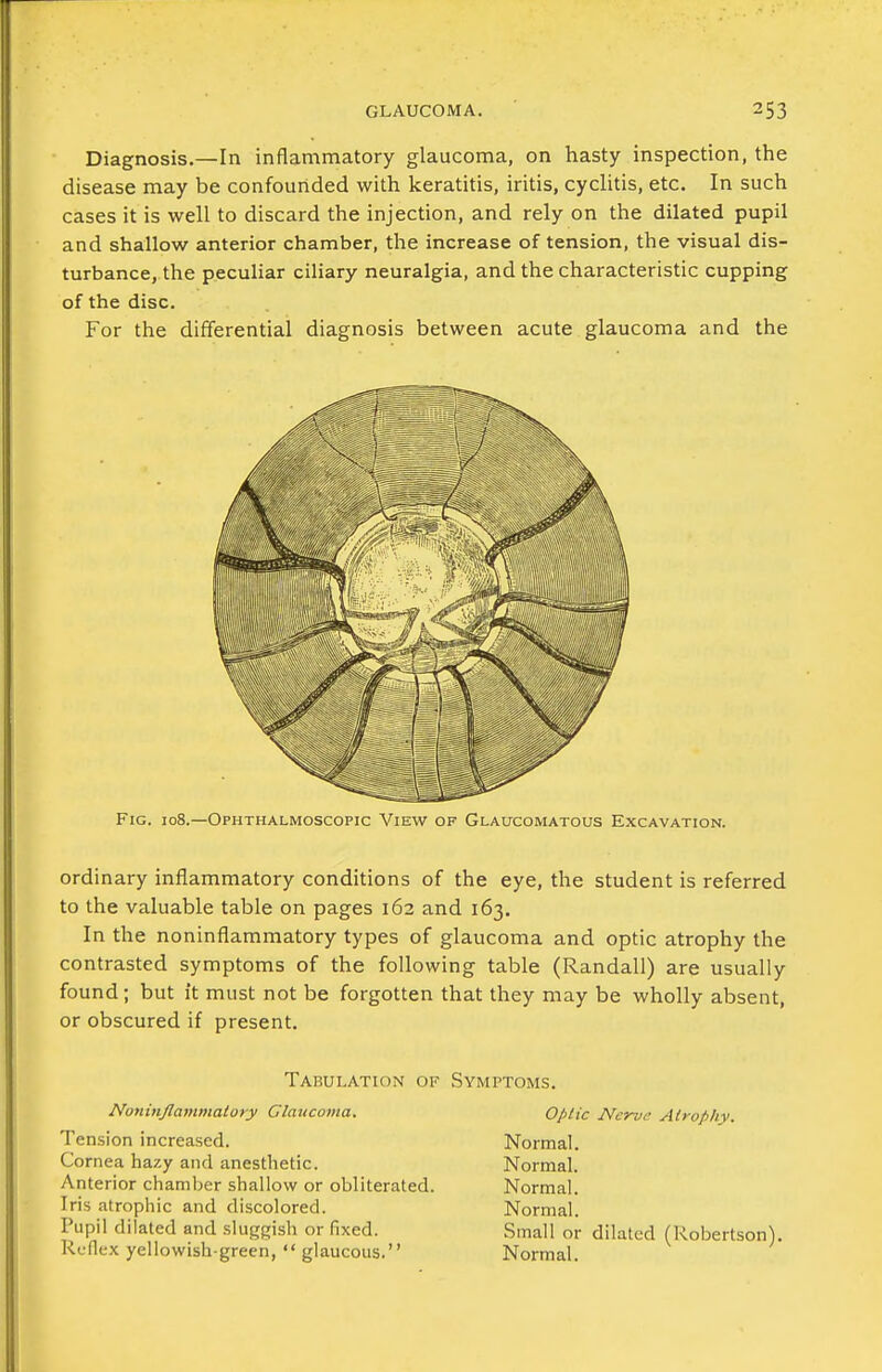 Diagnosis,—In inflammatory glaucoma, on hasty inspection, the disease may be confounded with keratitis, iritis, cychtis, etc. In such cases it is well to discard the injection, and rely on the dilated pupil and shallow anterior chamber, the increase of tension, the visual dis- turbance, the peculiar ciliary neuralgia, and the characteristic cupping of the disc. For the differential diagnosis between acute glaucoma and the Fig. 108.—Ophthalmoscopic View of Glaucomatous Excavation. ordinary inflammatory conditions of the eye, the student is referred to the valuable table on pages 162 and 163, In the noninflammatory types of glaucoma and optic atrophy the contrasted symptoms of the following table (Randall) are usually found ; but ft must not be forgotten that they may be wholly absent, or obscured if present. Tabulation of Symptoms, Nonin/lammatory Glaucoma. Tension increased. Cornea hazy and anesthetic. Anterior chamber shallow or obliterated. Iris atrophic and discolored. Pupil dilated and sluggish or fixed. Rcdex yellowish-green,  glaucous. Optic Nerve Atrophy. Normal. Normal. Normal. Normal. Small or dilated (Robertson), Normal.