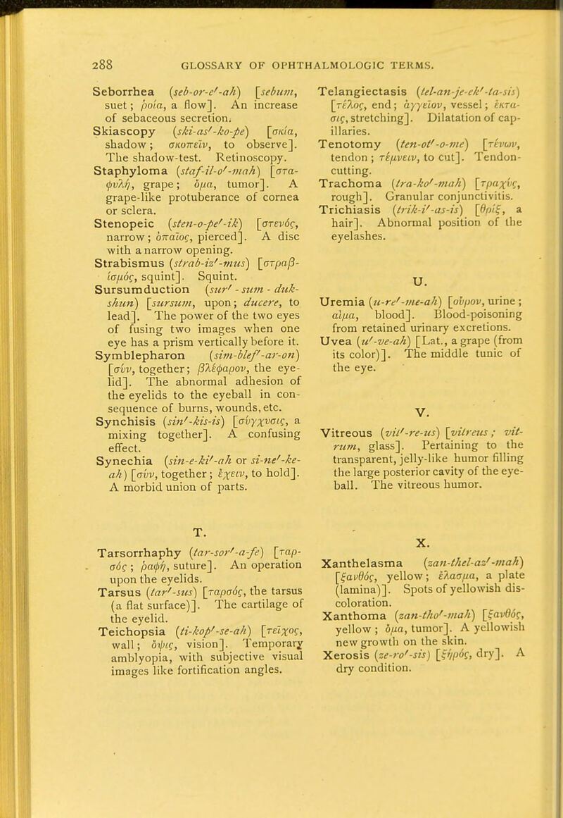 Seborrhea [sebor-e^-ah) [^sebuni, suet; poia, a flow]. An increase of sebaceous secretion^ Skiascopy (ski-as'-ko-pe) [ir/c/a, shadow; aKoirelv, to observe]. The shadow-test. Retinoscopy. Staphyloma [staf-il-o'-vtah') [dra- <^v\i], grape; hfia, tumor]. A grape-like protuberance of cornea or sclera. Stenopeic [sten-o-pe'-ik^ \arev6q, narrow; bndlog, pierced]. A disc with a narrow opening. Strabismus (strab-iz'-vms^ \prpa^- Lcsjioq, squint]. Squint. Sursumduction (sur' - sum - duk- sAmi) \stirsum, upon; ducere, to lead]. The power of the two eyes of fusing two images when one eye has a prism vertically before it. Symblepharon [sim-blef -ar-oit) \gvv, together; l3M<papov, the eye- lid]. The abnormal adhesion of the eyelids to the eyeball in con- sequence of burns, wounds, etc. Synchisis [sin'-kis-is) [avyxvaig, a mixing together]. A confusing effect. Synechia {sin-e-ki'-ah or si-ne'-ke- ah) [ffw, together; ejfiv, to hold]. A morbid union of parts. T. Tarsorrhaphy {tar-sorf-a-fe) [rap- (jdf ; 'pa<^iu suture]. An operation upon the eyelids. Tarsus [iar'-sus) [japaoq, the tarsus (a flat surface)]. The cartilage of the eyelid. Teichopsia [ti-kop'-se-ah) [reixoi, wall; OTpjf, vision]. Temporary amblyopia, with subjective visual images like fortification angles. Telangiectasis [Id-an-je-ek'-ta-si:.) [rtvlof, end; ayytlov, vessel; ektu- ate, stretching]. Dilatation of cap- illaries. Tenotomy [ten-of -o-ine) \Tkvuv, tendon ; re/iveiv, to cut]. Tendon- cutting. Trachoma [tra-ko'-tnak) \jpaxvc, rough]. Granular conjunctivitis. Trichiasis (trik-i'-as-is) \Pin^, a hair]. Abnormal position of the eyelashes. U. Uremia [ti-re'-me-aJi) \o\)pov, urine ; aliia, blood]. Blood-poisoning from retained urinary excretions. Uvea [^u'-ve-ah) [Lat., a grape (from its color)]. The middle tunic of the eye. V. Vitreous [yW-re-us) [yilretts; vit- rtim, glass]. Pertaining to the transparent, jelly-like humor filling the large posterior cavity of the eye- ball. The vitreous humor. X. Xanthelasma {zan-thd-az' -mah) \^avQ()q, yellow; tkaaiia, a plate (lamina)]. Spots of yellowish dis- coloration. Xanthoma [zan-tho'-viah) [favfldf, yellow ; o/ia, tumor]. A yellowish new growth on the skin. Xerosis [ze-ro'-sis) [f'/pdf, dry]. A dry condition.